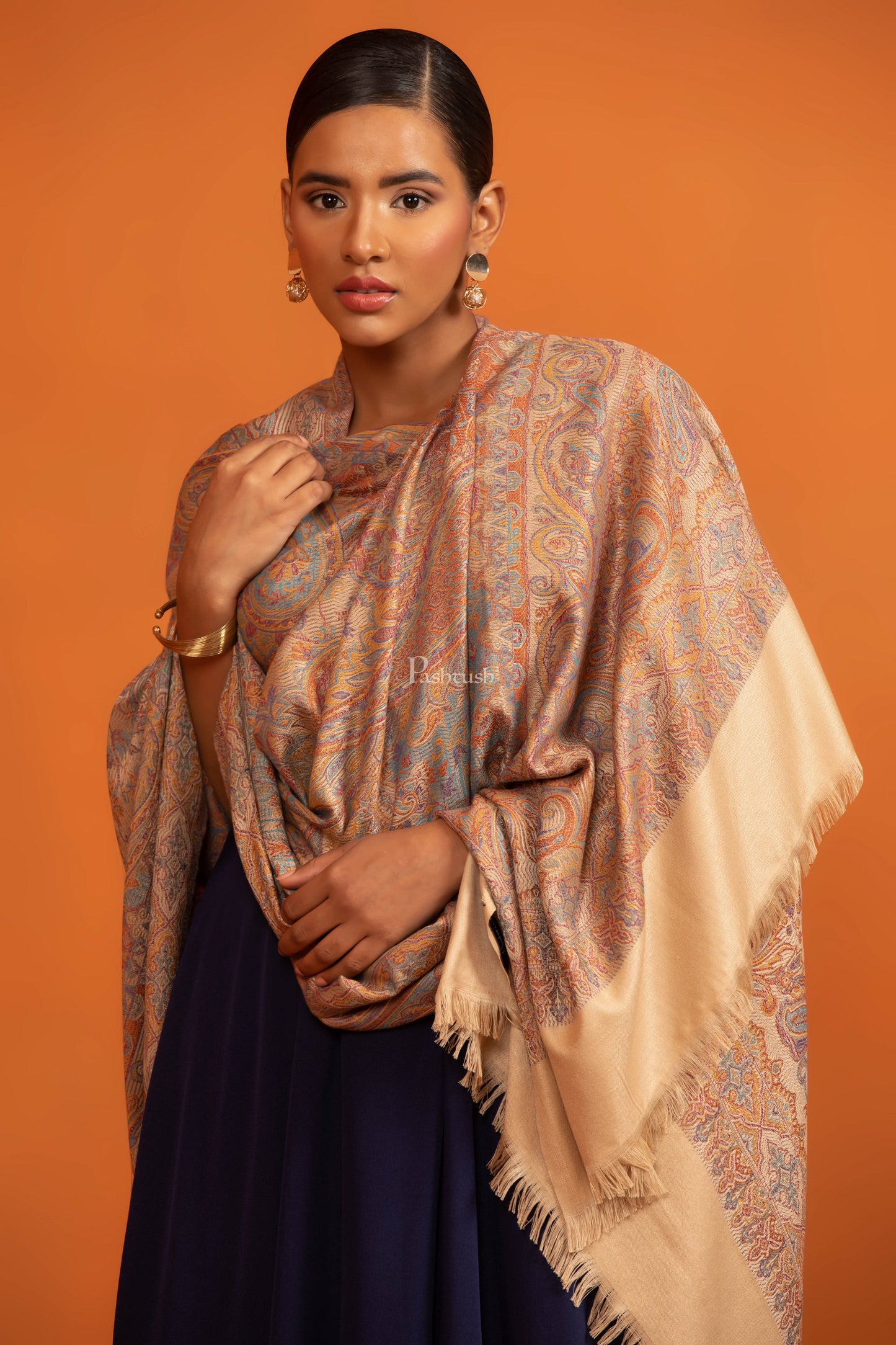 Pashtush India womens scarf and Stoles Pashtush Womens Faux Pashmina Shawl, Ethnic Weave Design, Beige