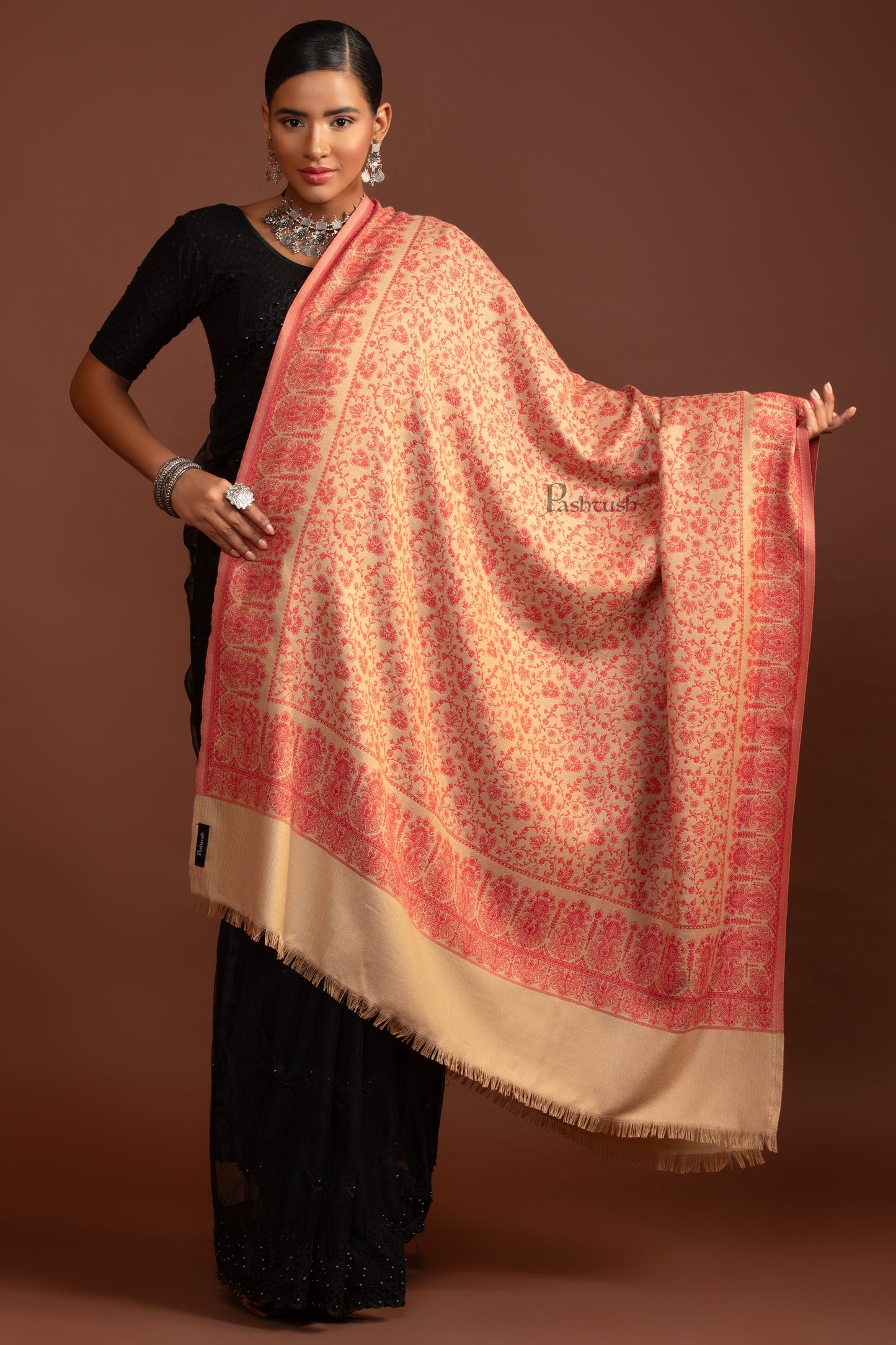 Pashtush India Womens Shawls Pashtush Womens Faux Pashmina Shawl, Ethnic Weave Design, Beige And Red
