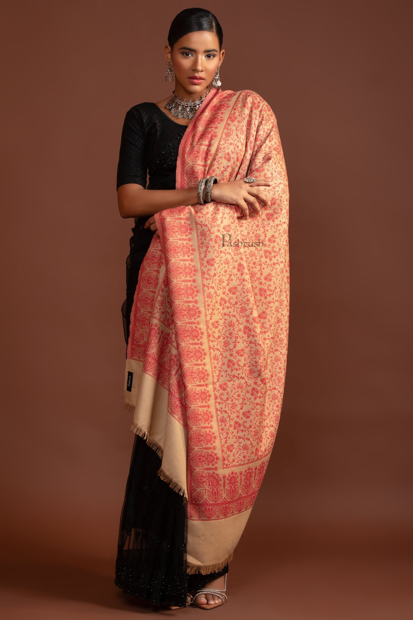 Pashtush India Womens Shawls Pashtush Womens Faux Pashmina Shawl, Ethnic Weave Design, Beige And Red
