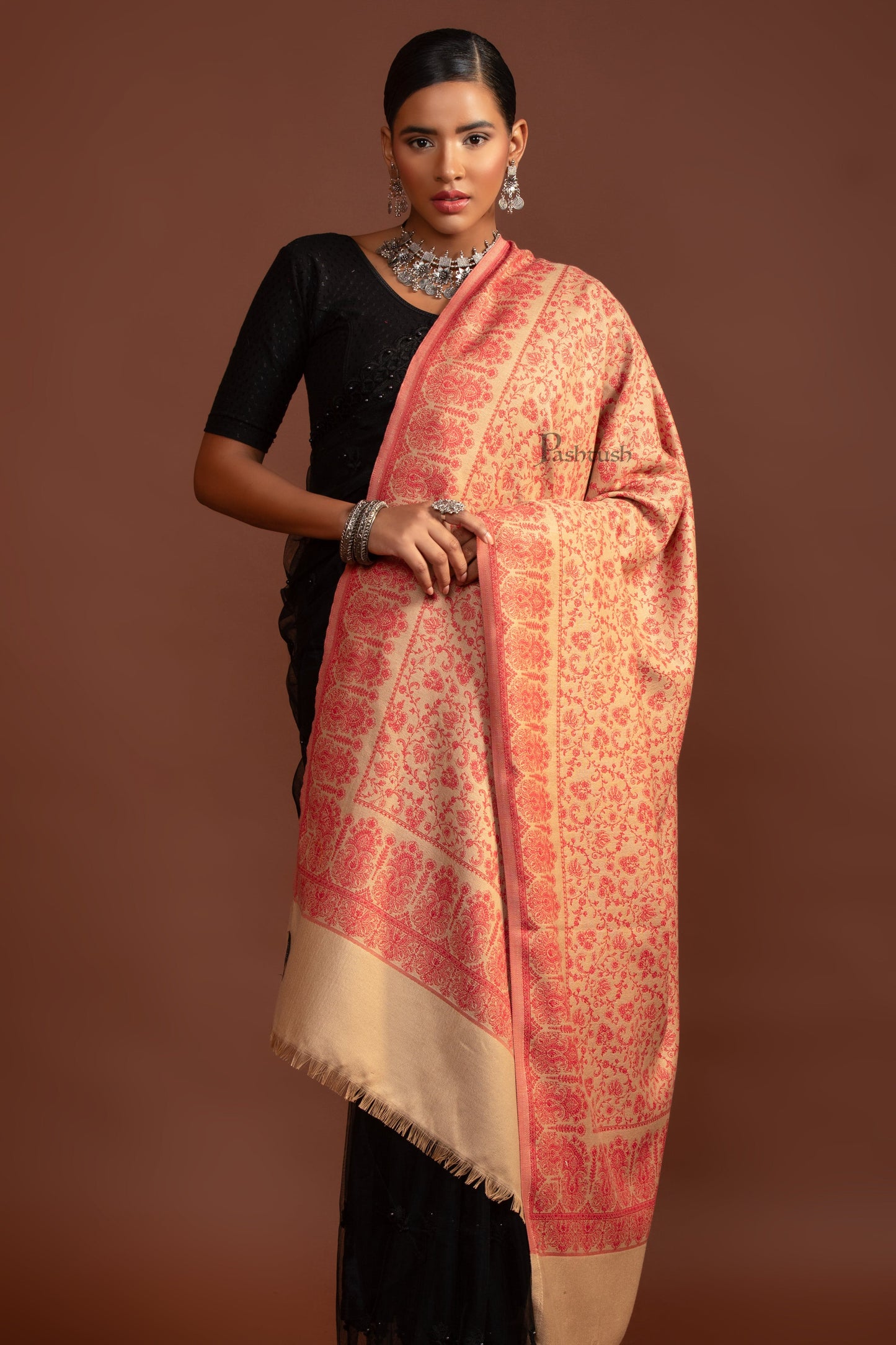 Pashtush India Womens Shawls Pashtush Womens Faux Pashmina Shawl, Ethnic Weave Design, Beige And Red