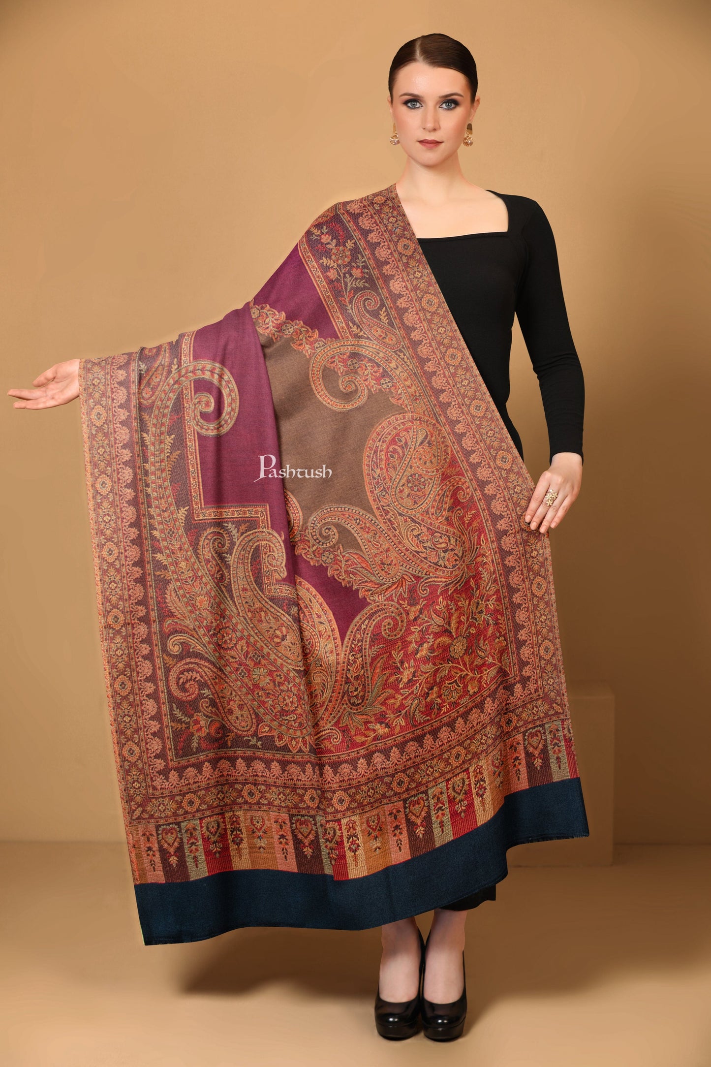 Pashtush India Womens Shawls Pashtush Womens Faux Pashmina Shawl, Ethnic Weave Design, Black