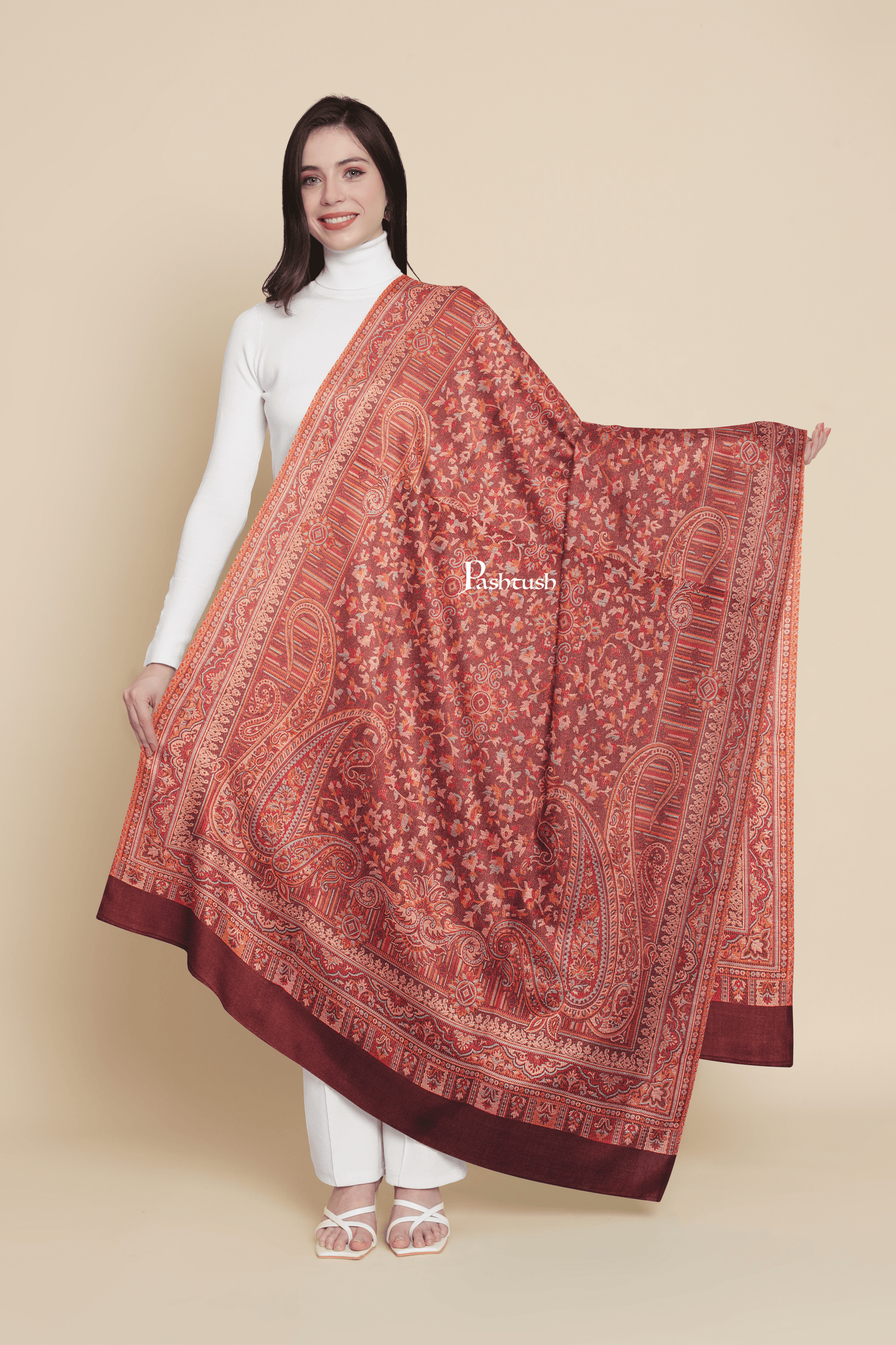 Pashtush India Womens Shawls Pashtush Womens Faux Pashmina Shawl, Ethnic Weave Design, Brown
