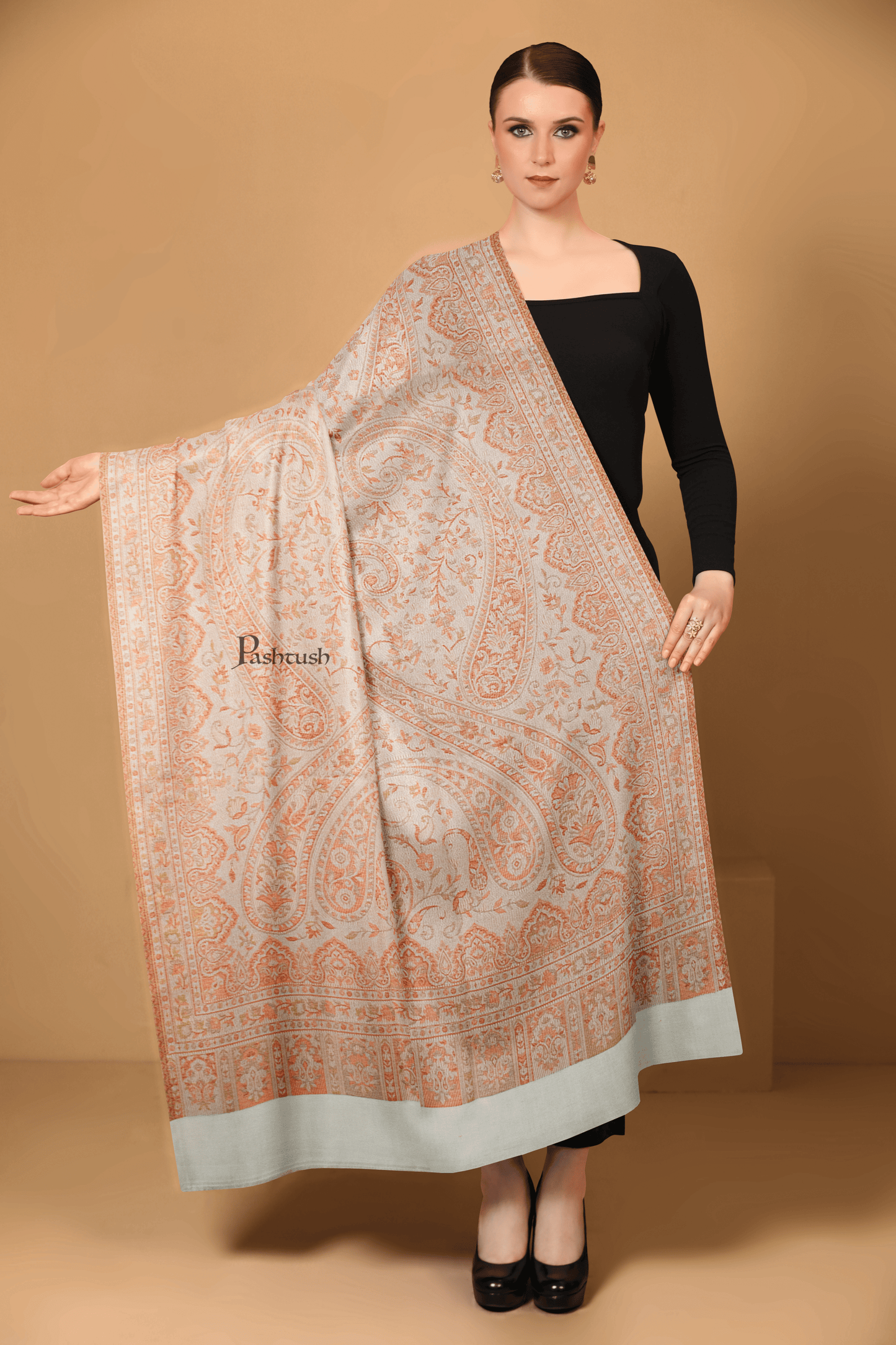 Pashtush India Womens Shawls Pashtush Womens Faux Pashmina Shawl, Ethnic Weave Design, Ivory