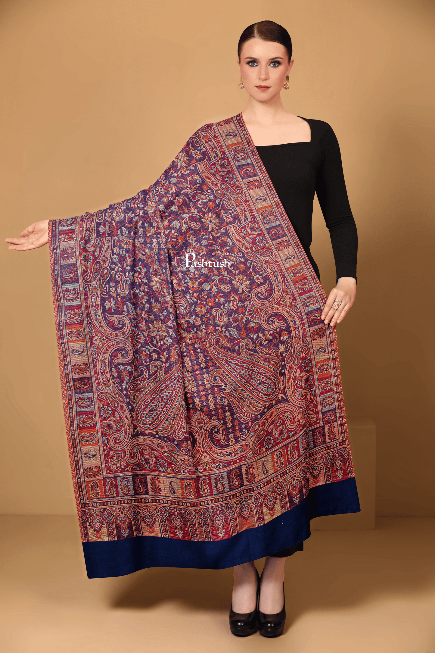 Pashtush India Womens Shawls Pashtush Womens Faux Pashmina Shawl, Ethnic Weave Design, Navy Blue