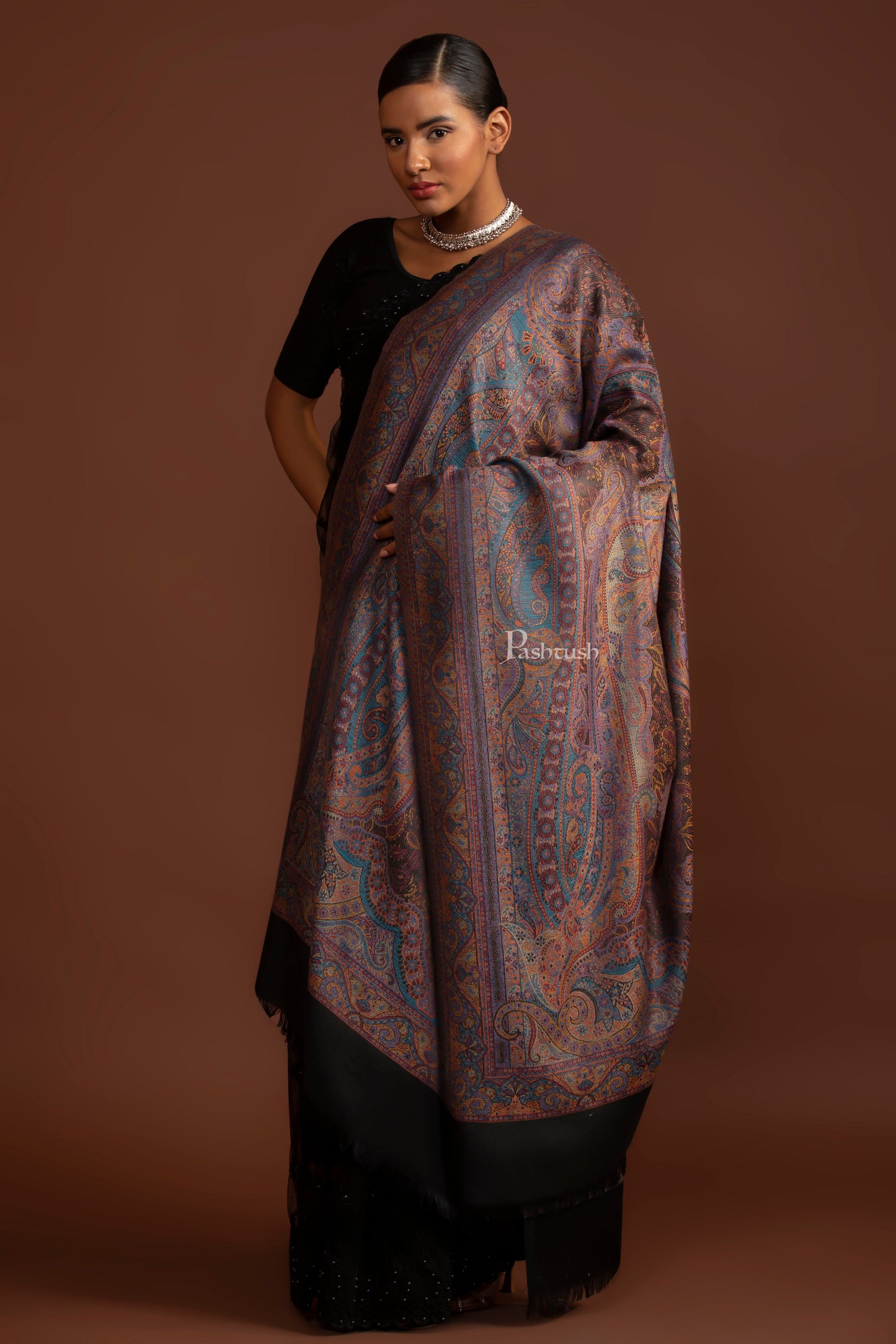 Pashtush India Womens Shawls Pashtush Womens Faux Pashmina Shawl, Ethnic Weave Jamawar Design, Black