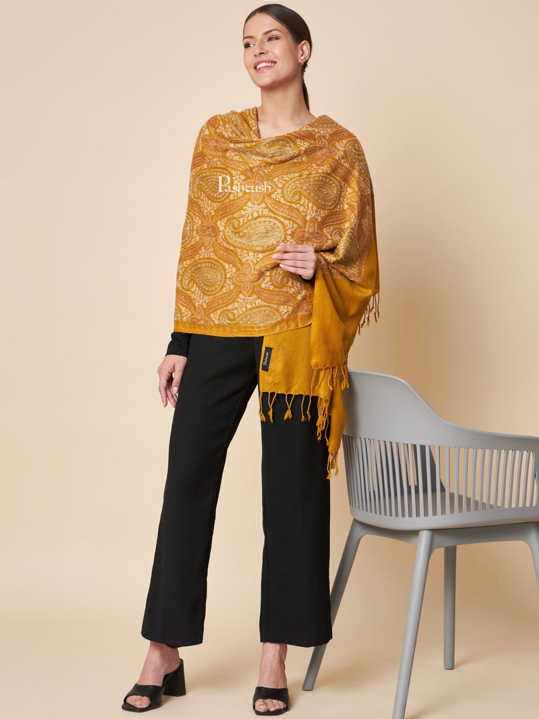 Pashtush India Womens Shawls Pashtush Womens Faux Pashmina Shawl, Fine Two Tone Nalki Embroidery Design, Mustard