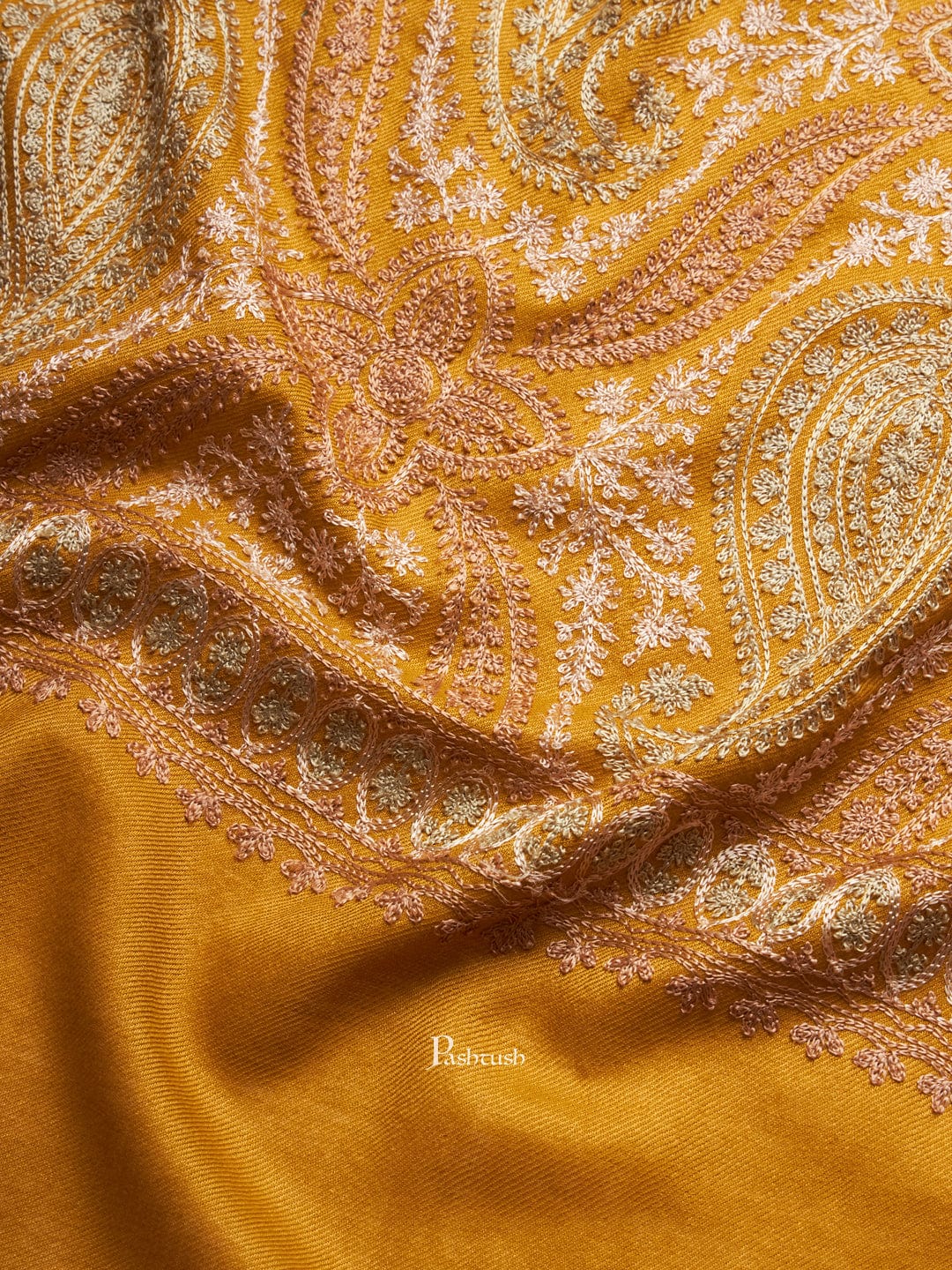 Pashtush India Womens Shawls Pashtush Womens Faux Pashmina Shawl, Fine Two Tone Nalki Embroidery Design, Mustard