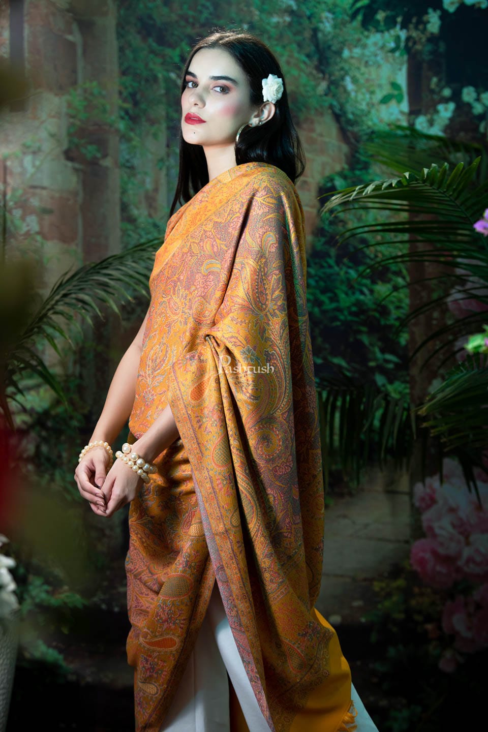 Pashtush India Womens Stoles and Scarves Scarf Pashtush womens Faux Pashmina Shawl, jamawar design, Mustard