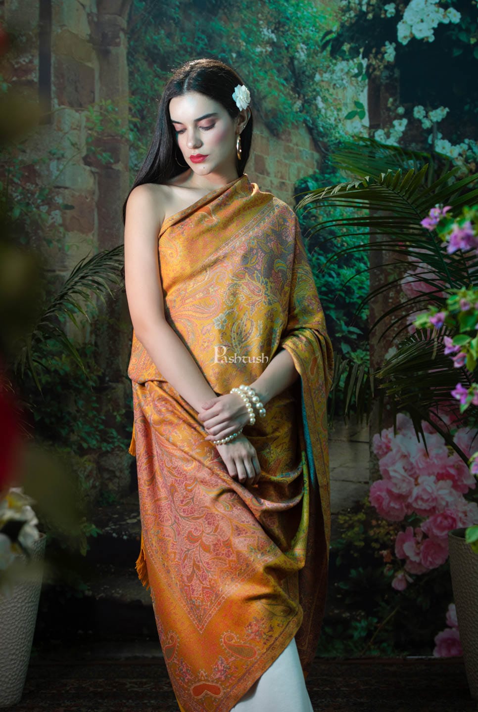Pashtush India Womens Shawls Pashtush womens Faux Pashmina Shawl, jamawar design, Mustard