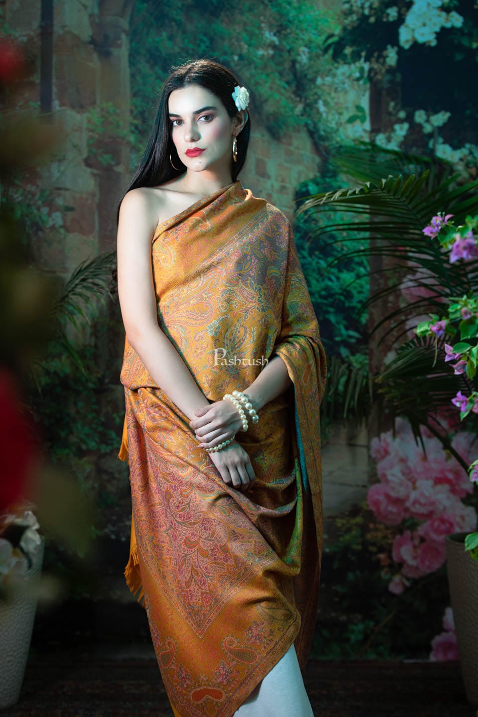 Pashtush India Womens Shawls Pashtush womens Faux Pashmina Shawl, jamawar design, Mustard