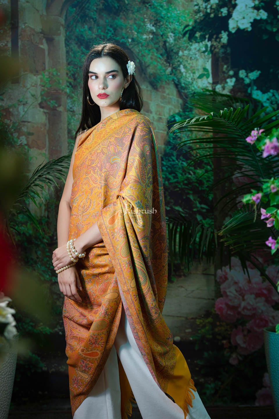 Pashtush India Womens Shawls Pashtush womens Faux Pashmina Shawl, jamawar design, Mustard