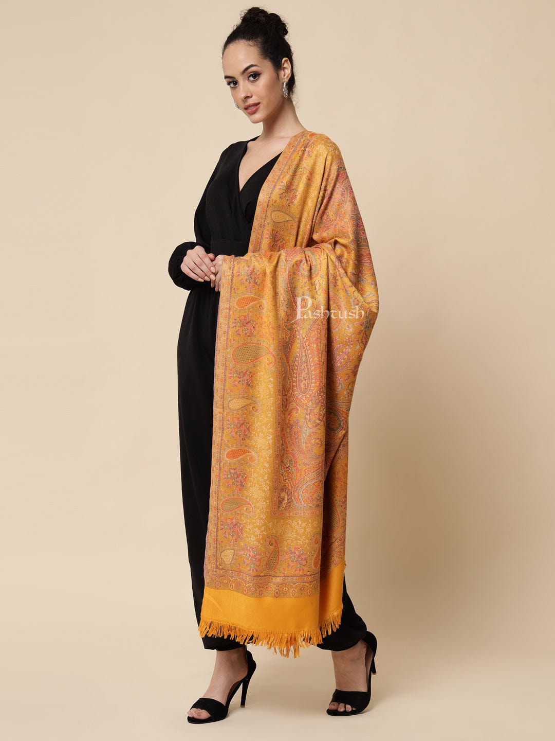 Pashtush India Womens Shawls Pashtush womens Faux Pashmina Shawl, jamawar design, Mustard