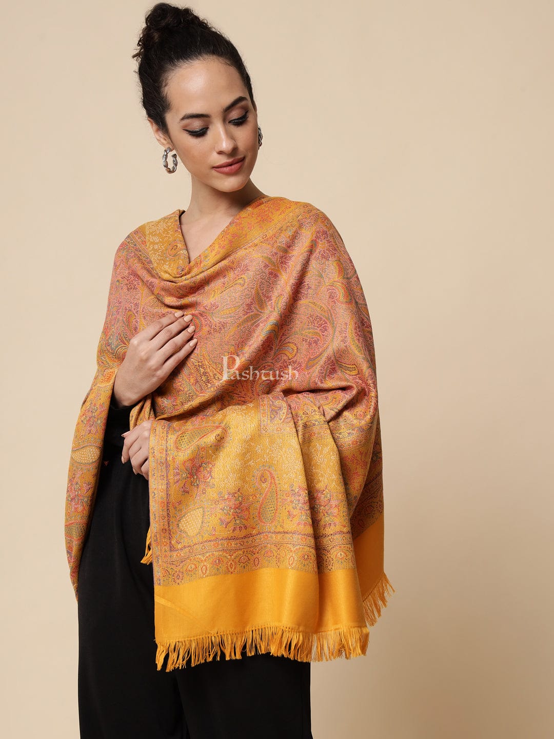 Pashtush India Womens Shawls Pashtush womens Faux Pashmina Shawl, jamawar design, Mustard