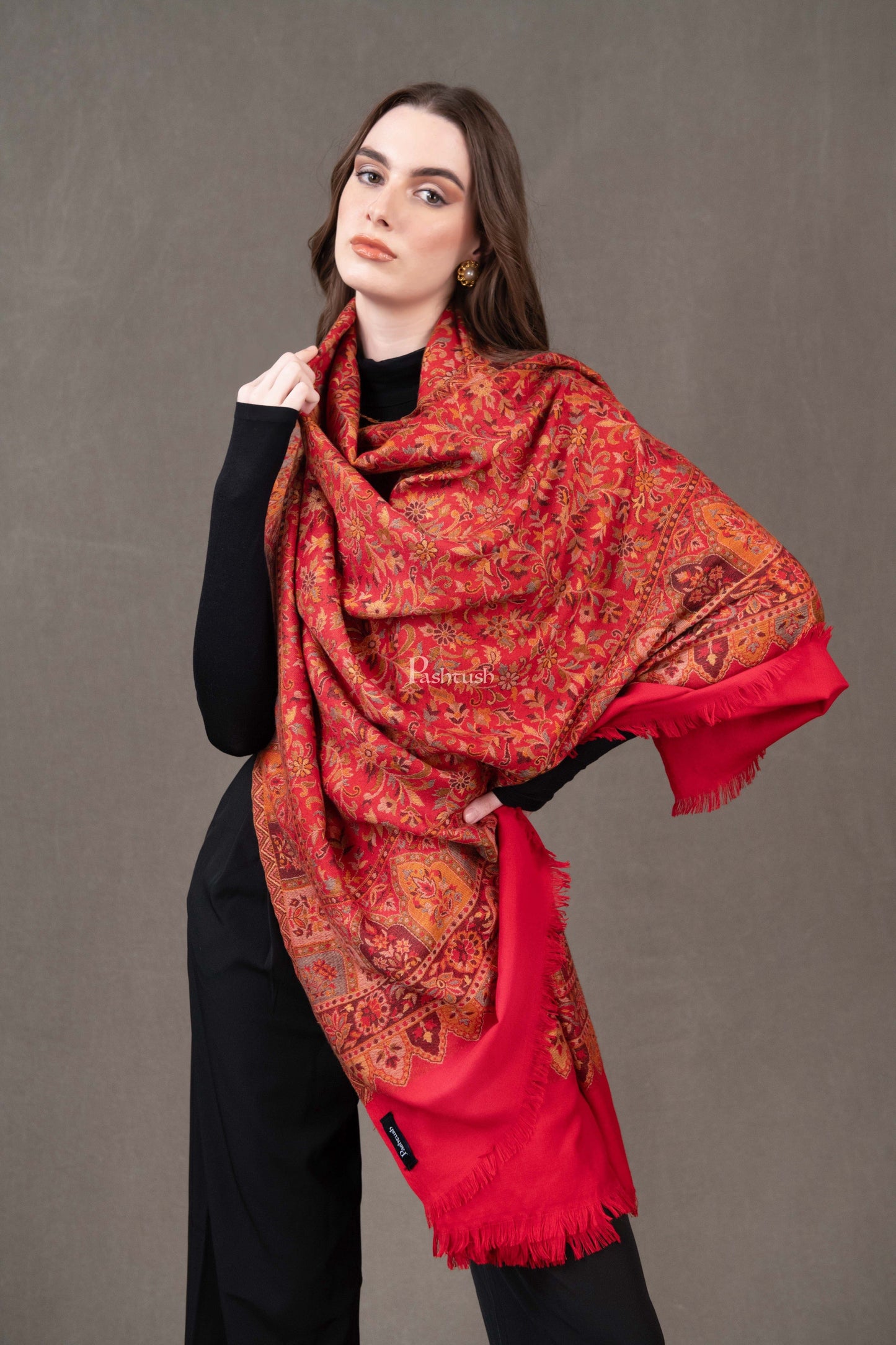 Pashtush India Womens Shawls Pashtush Womens Faux Pashmina Shawl, Jamawar Design, Red