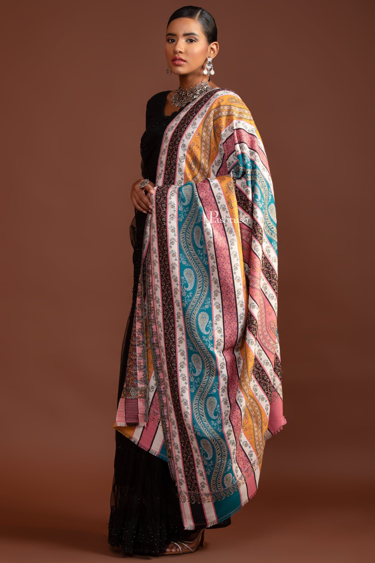 Pashtush India womens scarf and Stoles Pashtush Womens Faux Pashmina Shawl, Multi Stripe Design, Multicolour