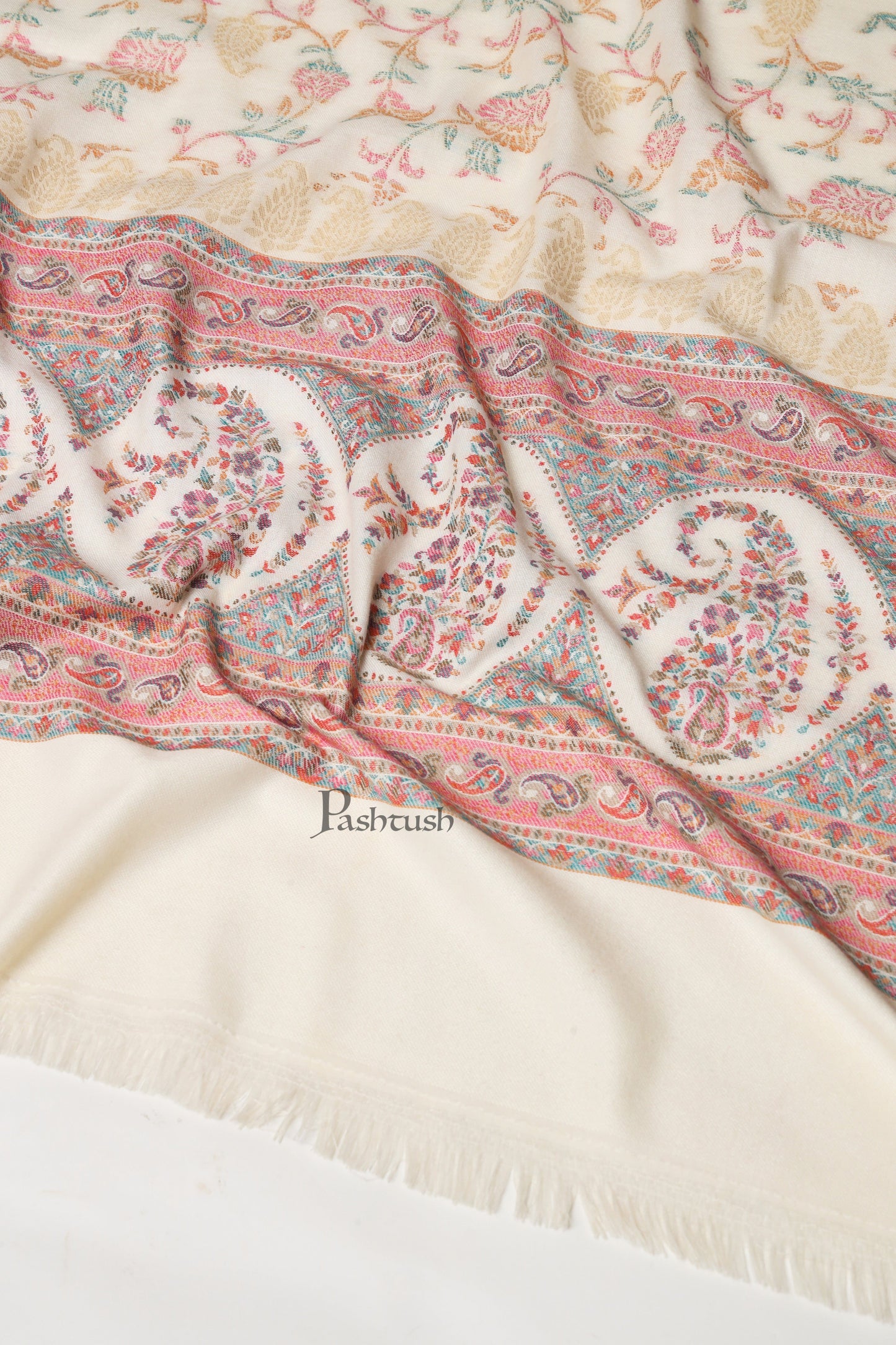 Pashtush India Womens Shawls Pashtush Womens Faux Pashmina Shawl, Paisley Weave With Zari Design, Ivory