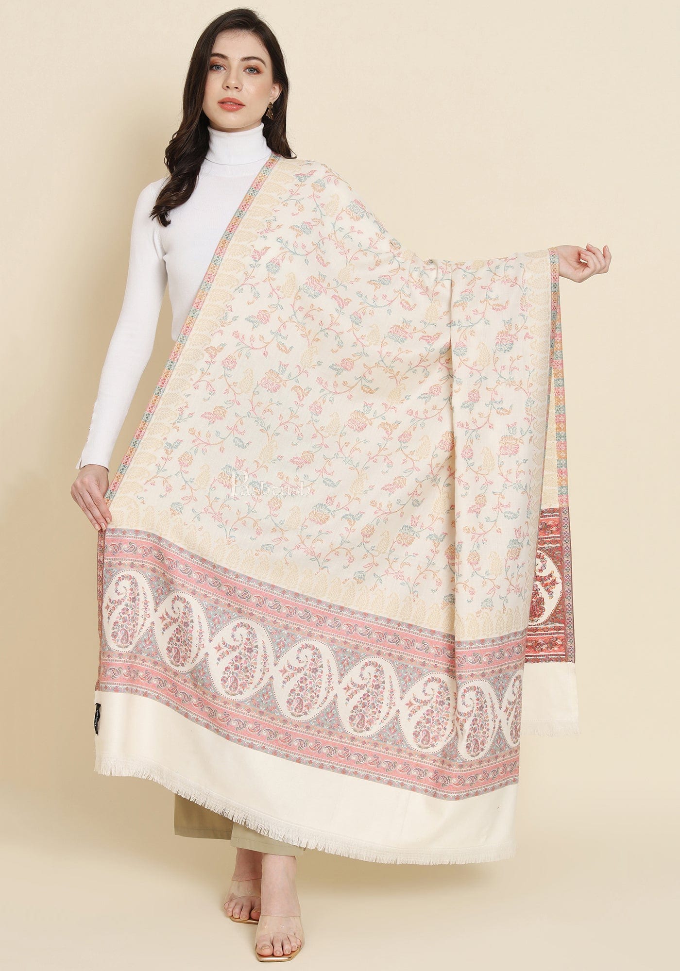 Pashtush India Womens Shawls Pashtush Womens Faux Pashmina Shawl, Paisley Weave With Zari Design, Ivory