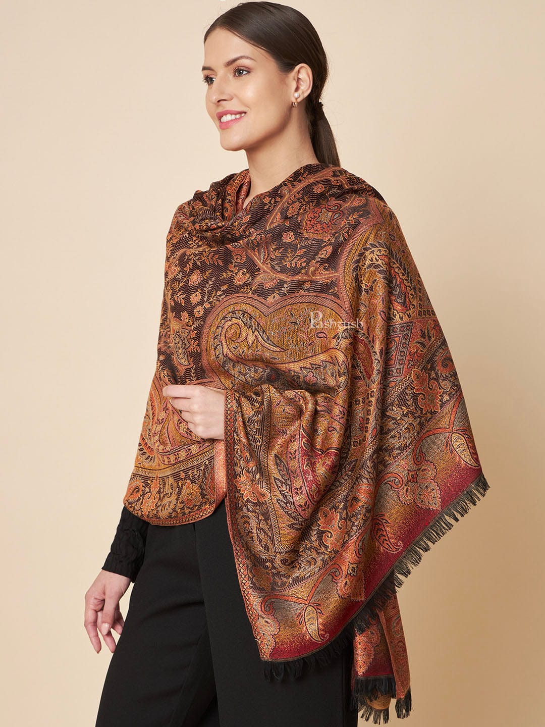 Pashtush India Womens Shawls Pashtush Womens Faux Pashmina Shawl, Soft Jamawar Design, Espresso Brown