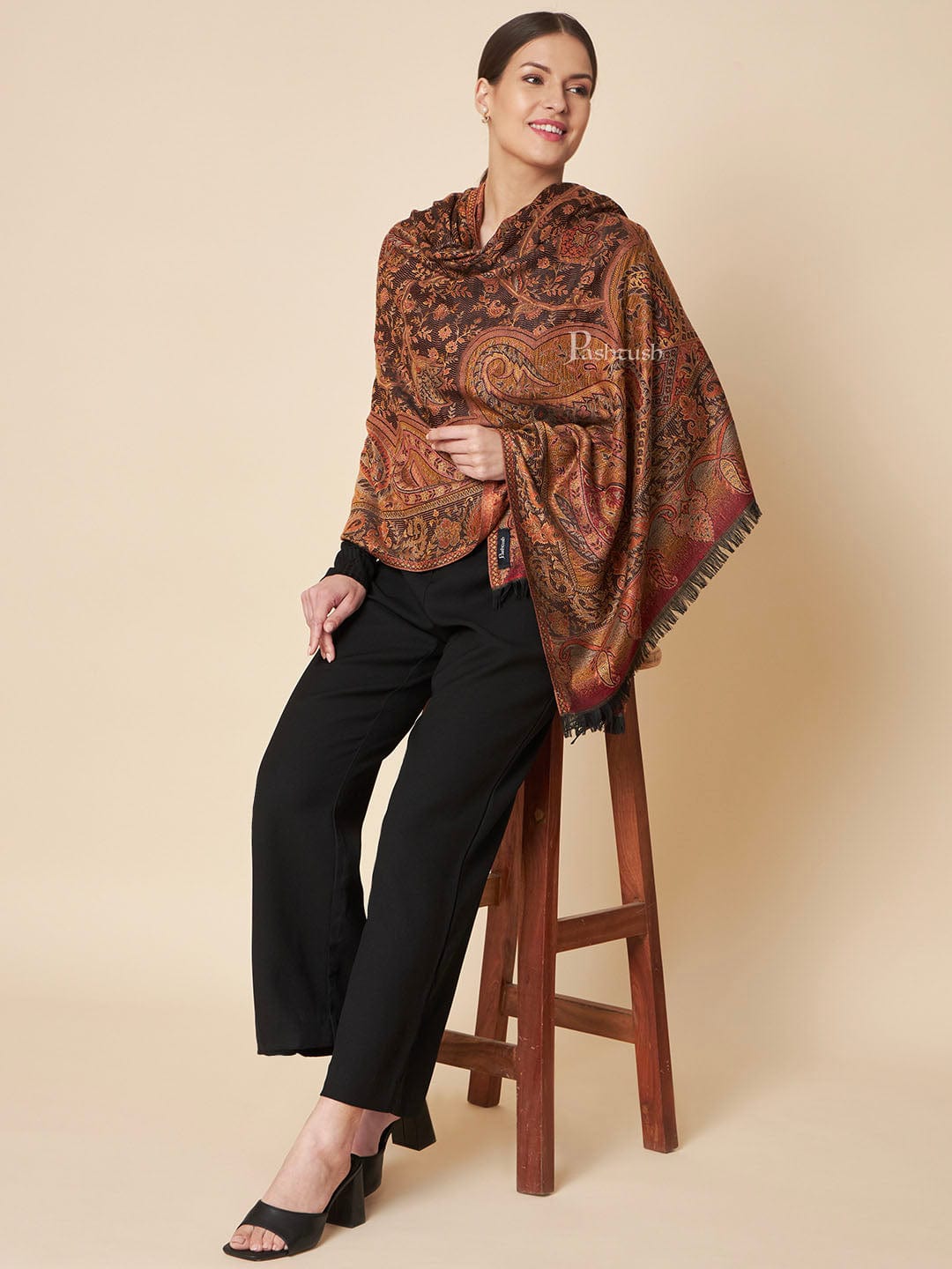 Pashtush India Womens Shawls Pashtush Womens Faux Pashmina Shawl, Soft Jamawar Design, Espresso Brown
