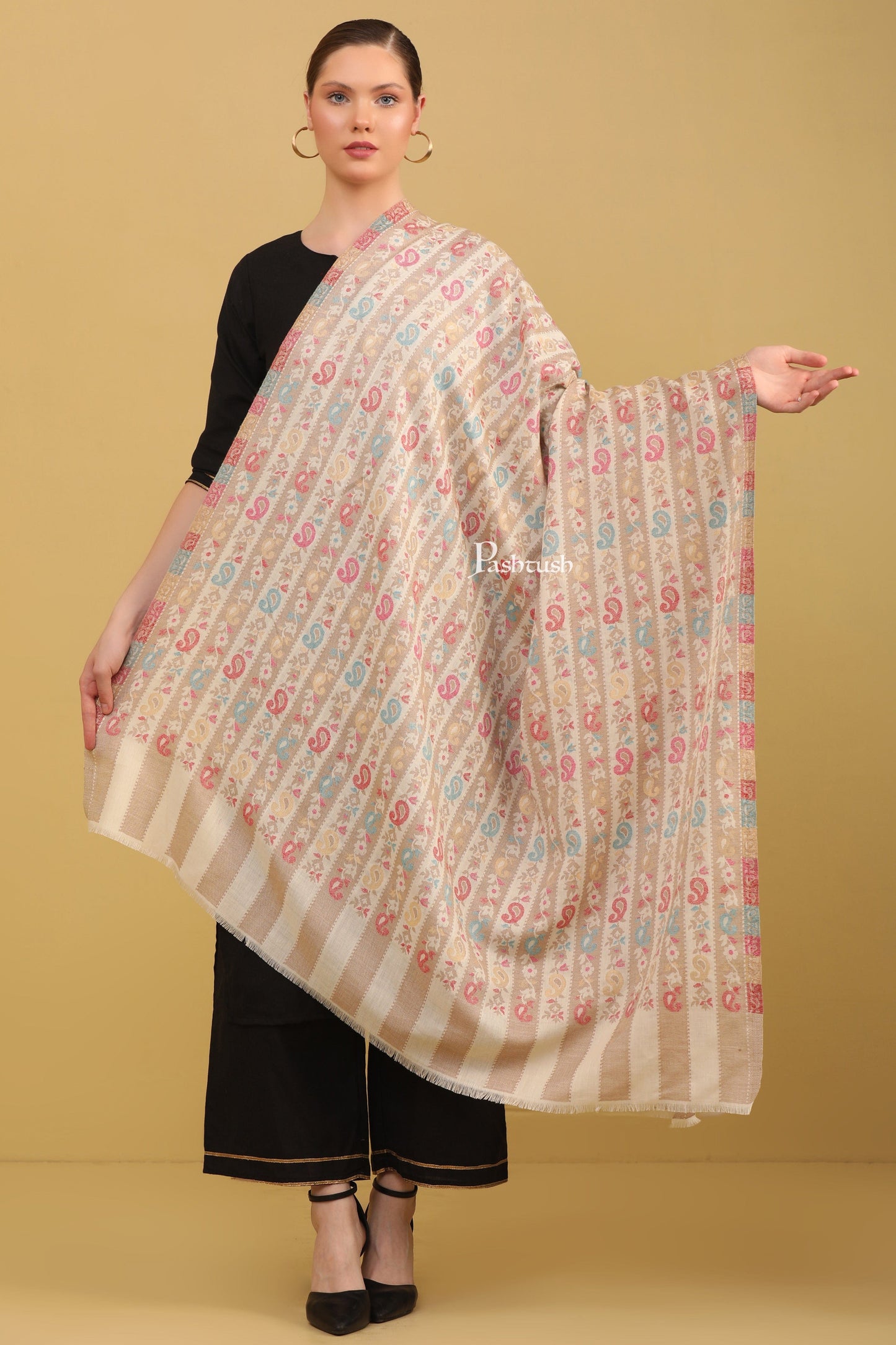 Pashtush India Womens Shawls Pashtush Womens Faux Pashmina Shawl, Stripe Weave With Zari Design, Ivory
