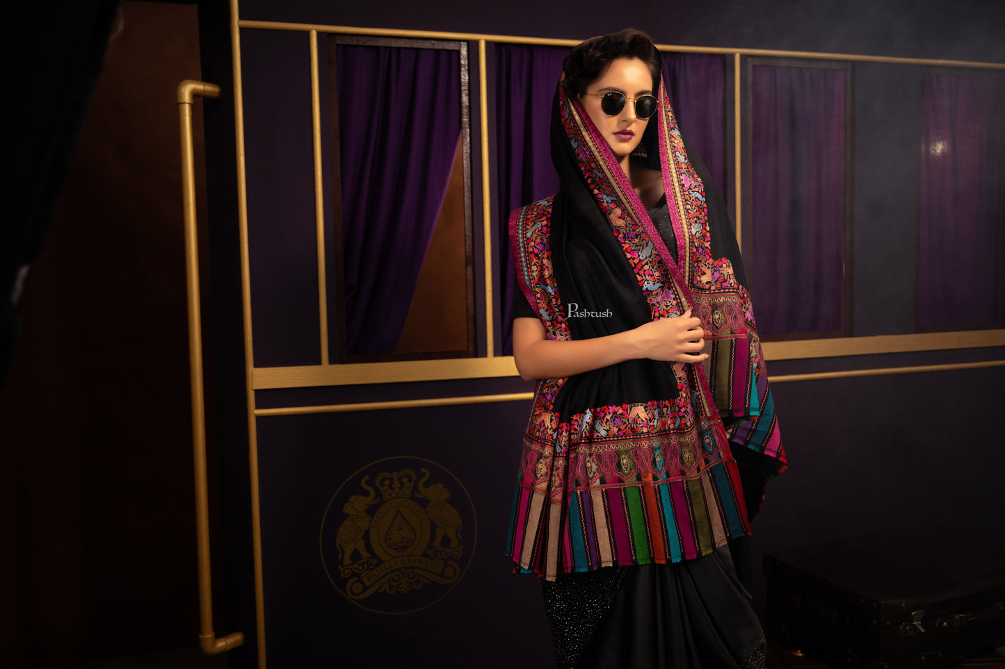 Pashtush India Womens Shawls Pashtush Womens Faux Pashmina Shawl, With Zari Design, Black