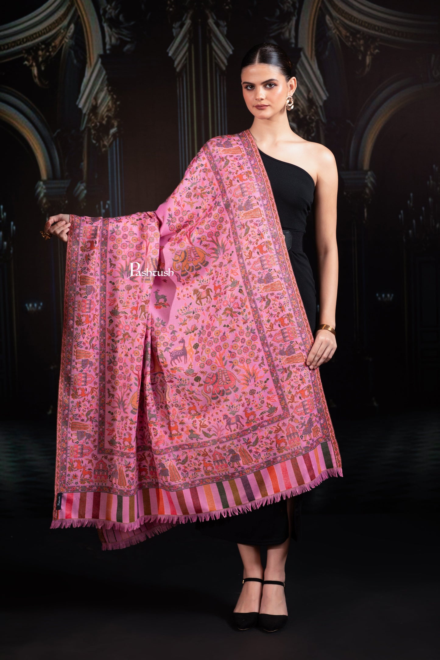 Pashtush India Womens Shawls Pashtush Womens Faux Pashmina Shawl, Woven Bagh Design, Light Pink