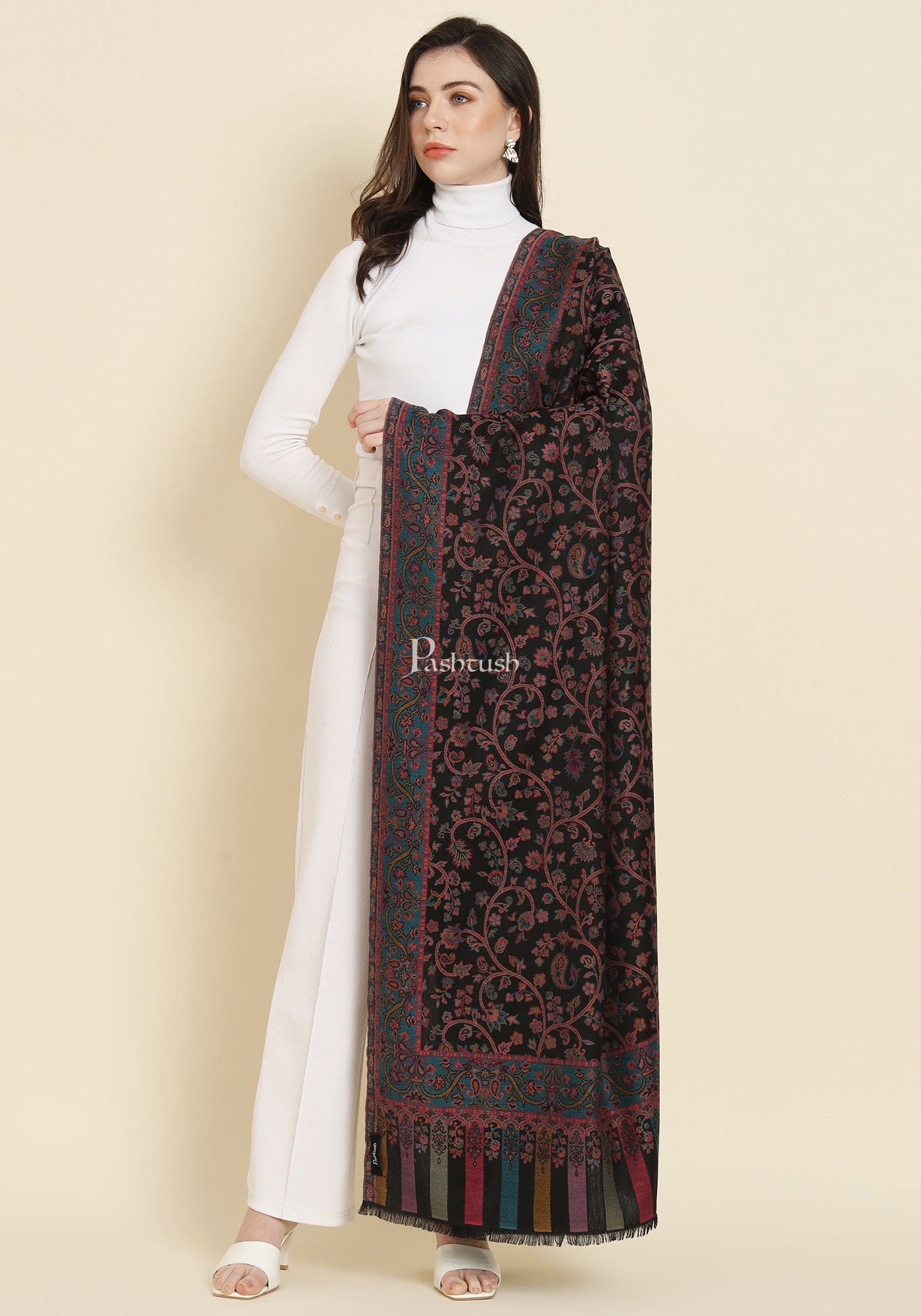 Pashtush India Womens Shawls Pashtush Womens Faux Pashmina Shawl, Woven Floral Design, Black