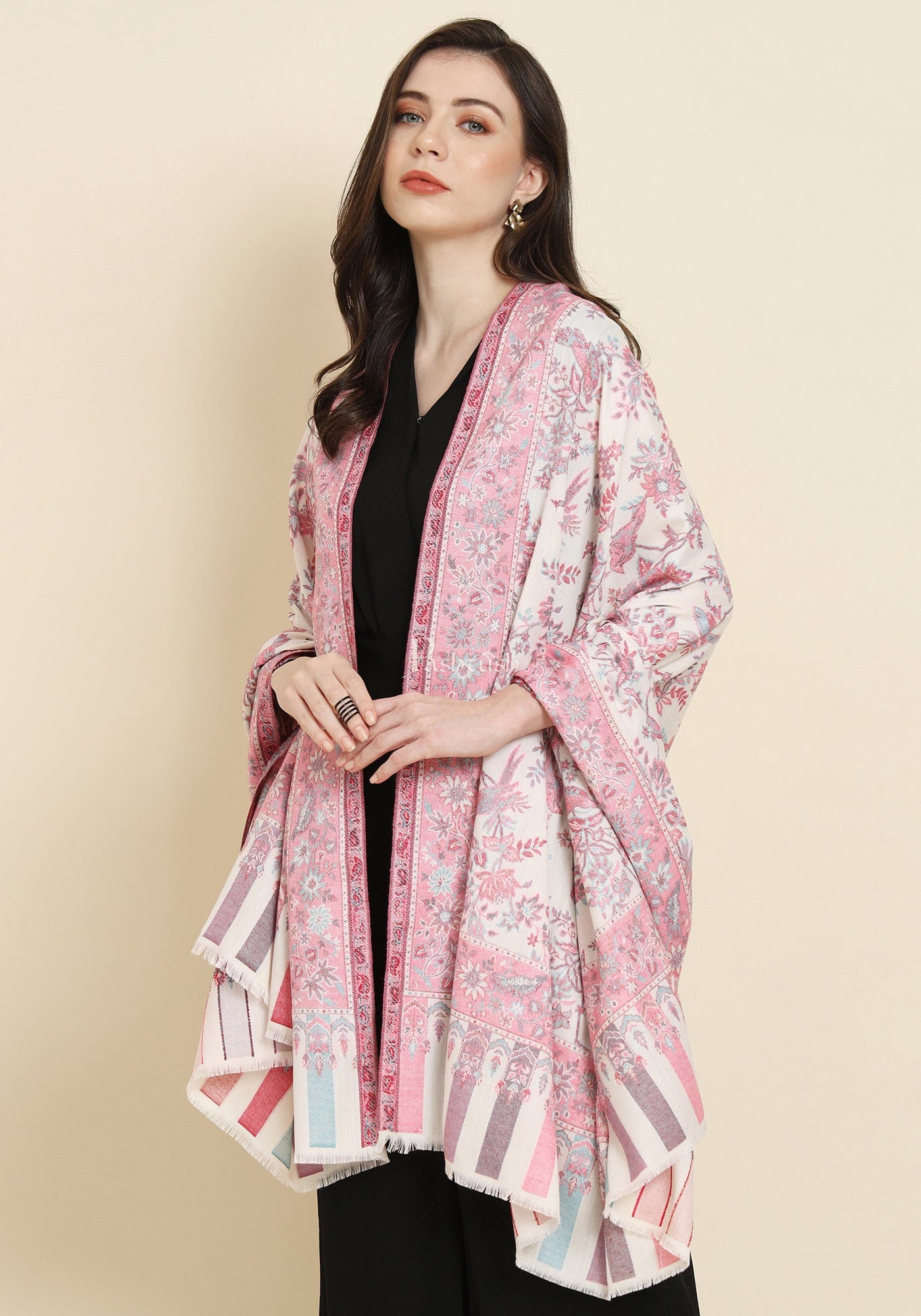 Pashtush India Womens Shawls Pashtush Womens Faux Pashmina Shawl, Woven Floral Design, Ivory