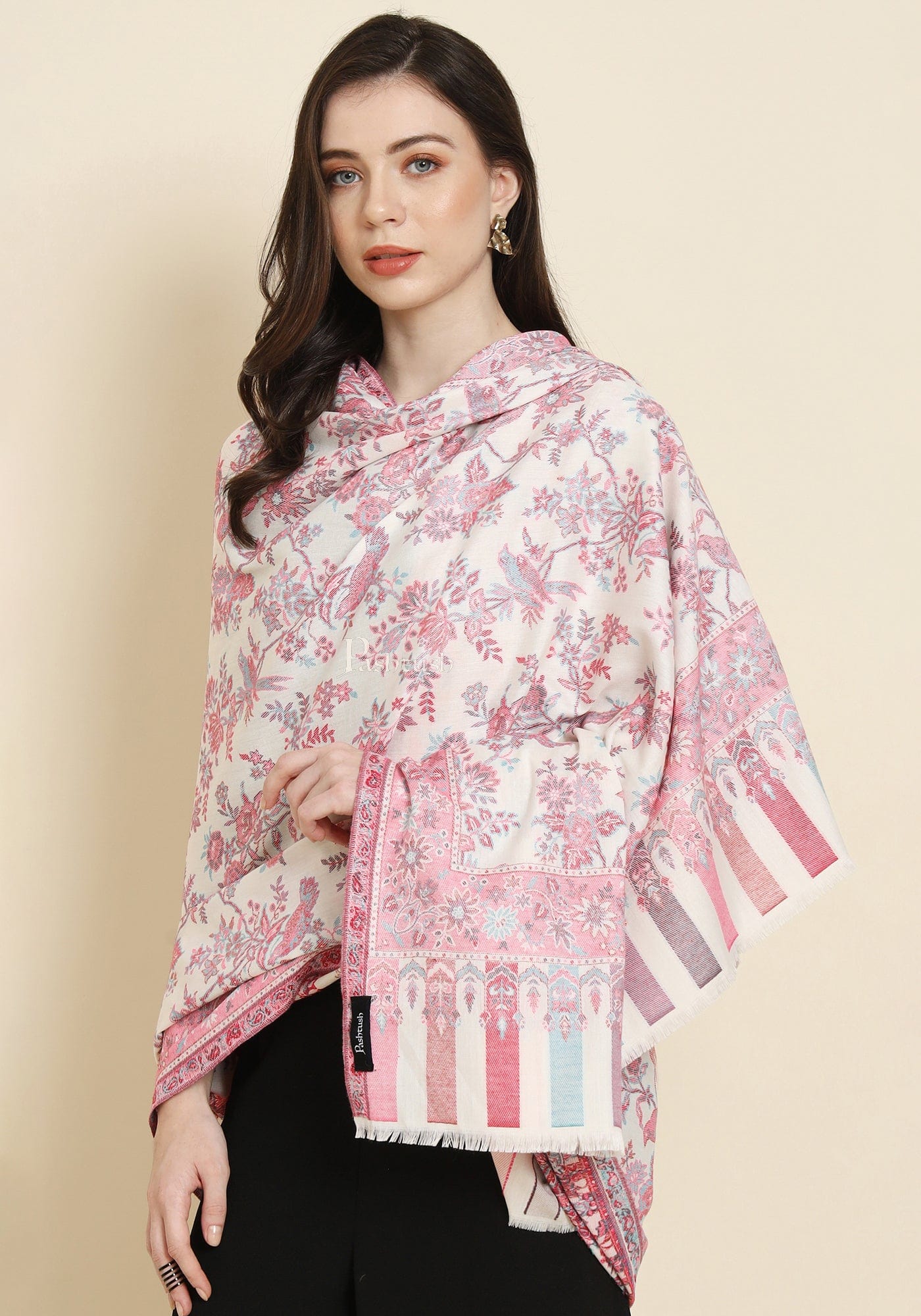 Pashtush India Womens Shawls Pashtush Womens Faux Pashmina Shawl, Woven Floral Design, Ivory