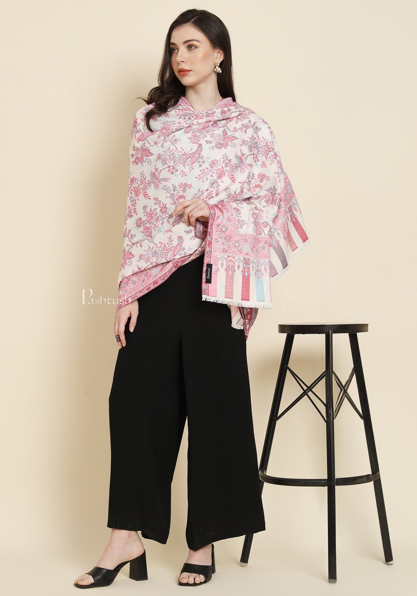 Pashtush India Womens Shawls Pashtush Womens Faux Pashmina Shawl, Woven Floral Design, Ivory