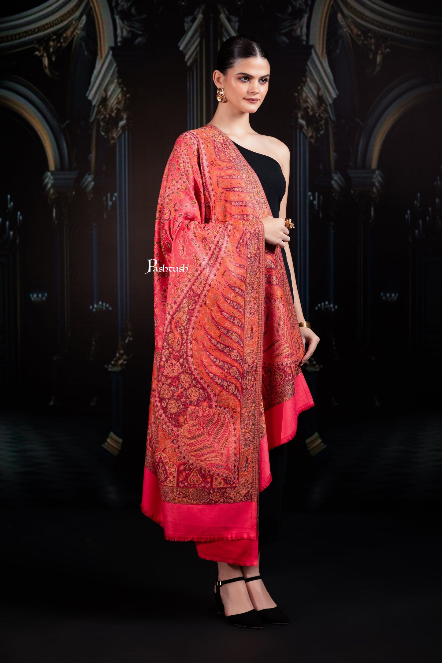 Pashtush India womens scarf and Stoles Pashtush Womens Faux Pashmina Shawl, Woven Jamawar Design, Neon Pink