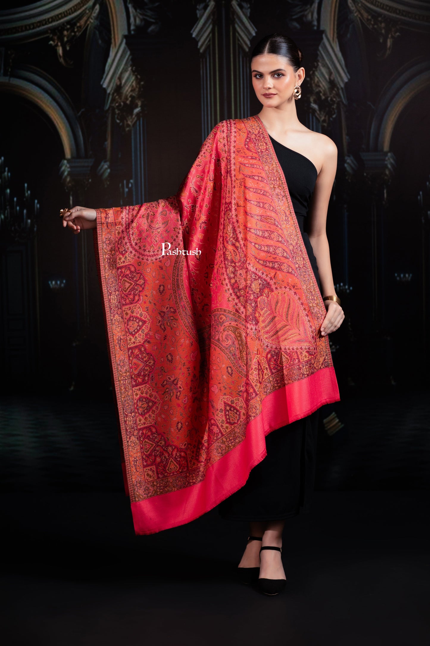 Pashtush India womens scarf and Stoles Pashtush Womens Faux Pashmina Shawl, Woven Jamawar Design, Neon Pink