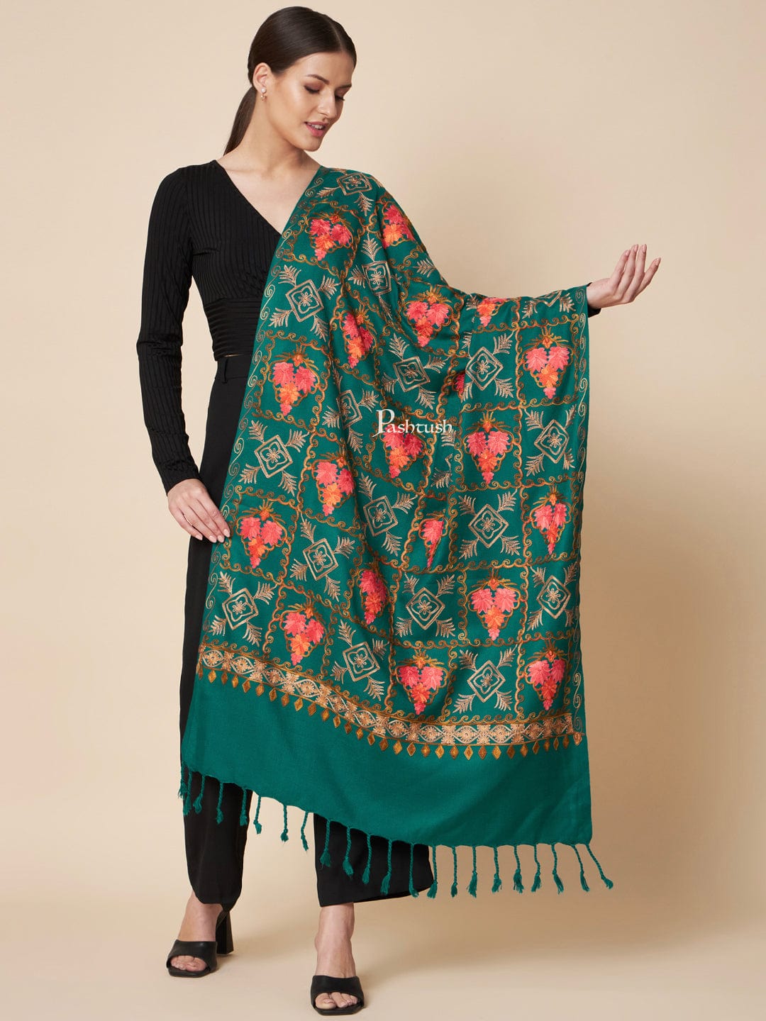 Pashtush India Womens Stoles and Scarves Scarf Pashtush Womens Faux Pashmina Stole, Aari Embroidery Design, Green