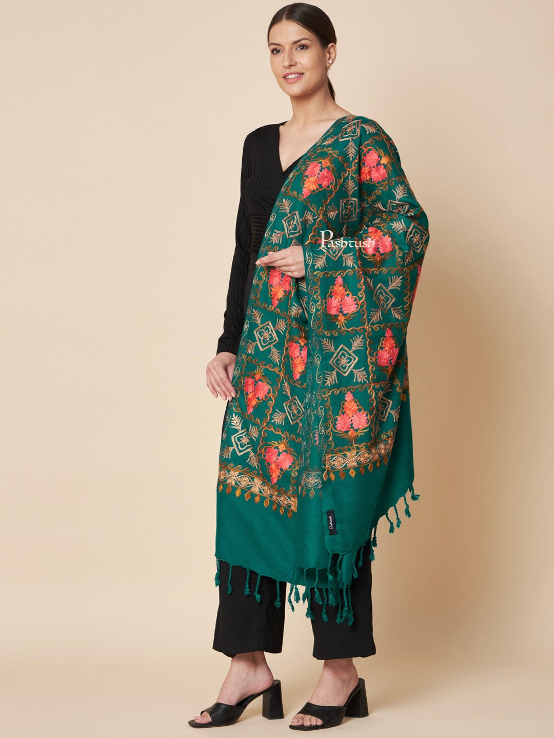 Pashtush India Womens Stoles and Scarves Scarf Pashtush Womens Faux Pashmina Stole, Aari Embroidery Design, Green