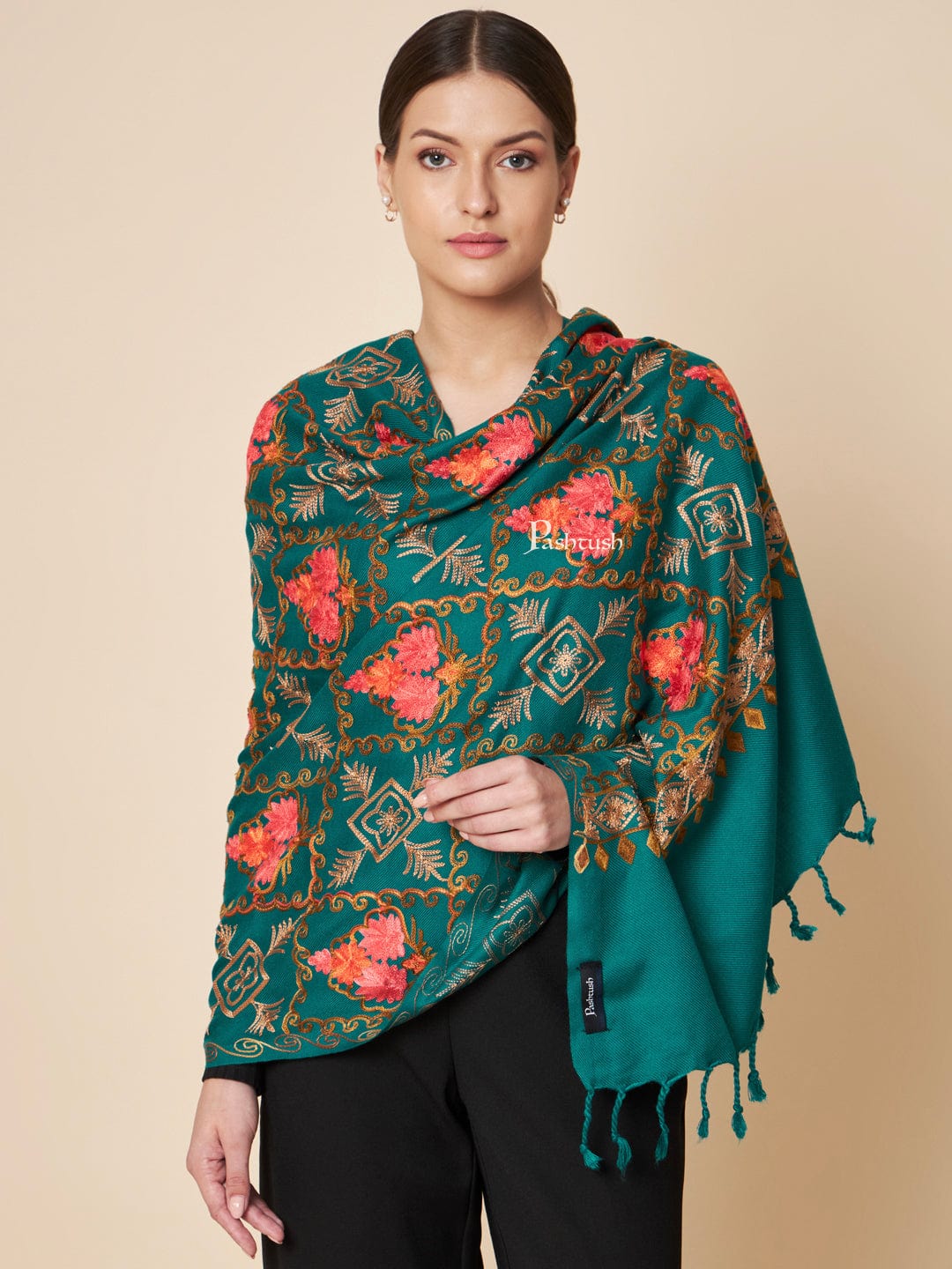 Pashtush India Womens Stoles and Scarves Scarf Pashtush Womens Faux Pashmina Stole, Aari Embroidery Design, Green