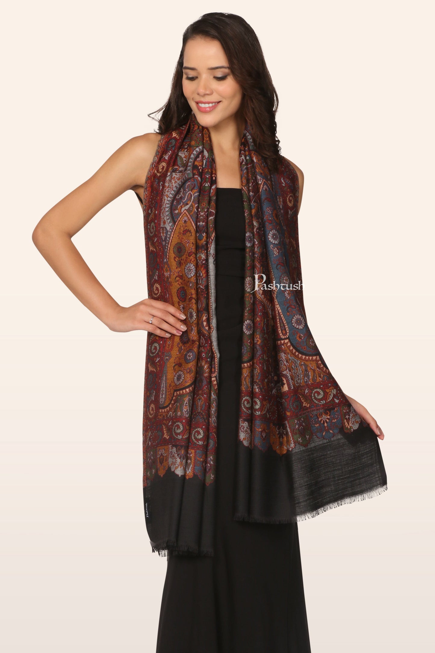Pashtush India womens scarf and Stoles Pashtush Womens Faux Pashmina Stole, Ethnic Weave Design, Black
