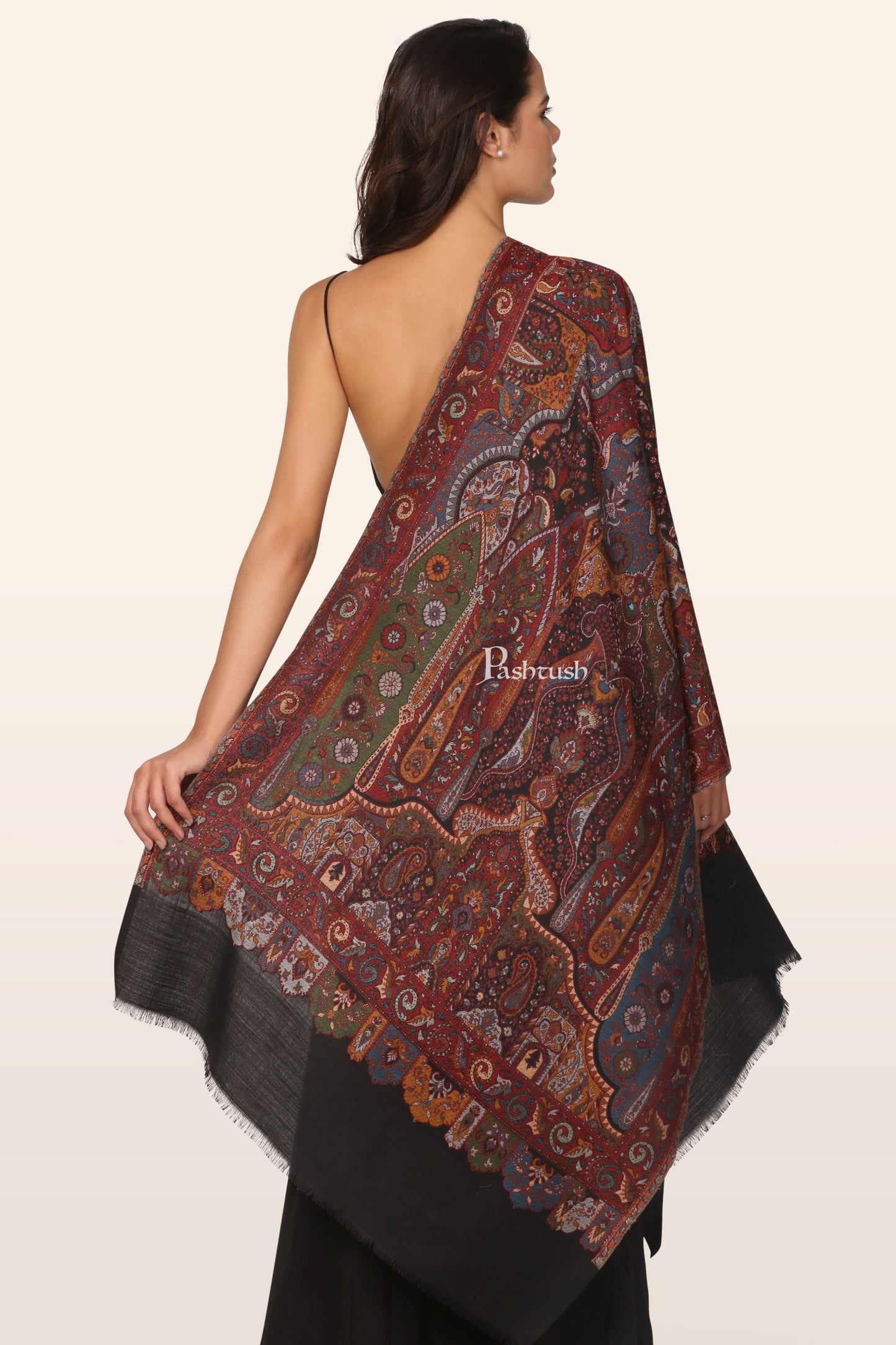 Pashtush India womens scarf and Stoles Pashtush Womens Faux Pashmina Stole, Ethnic Weave Design, Black