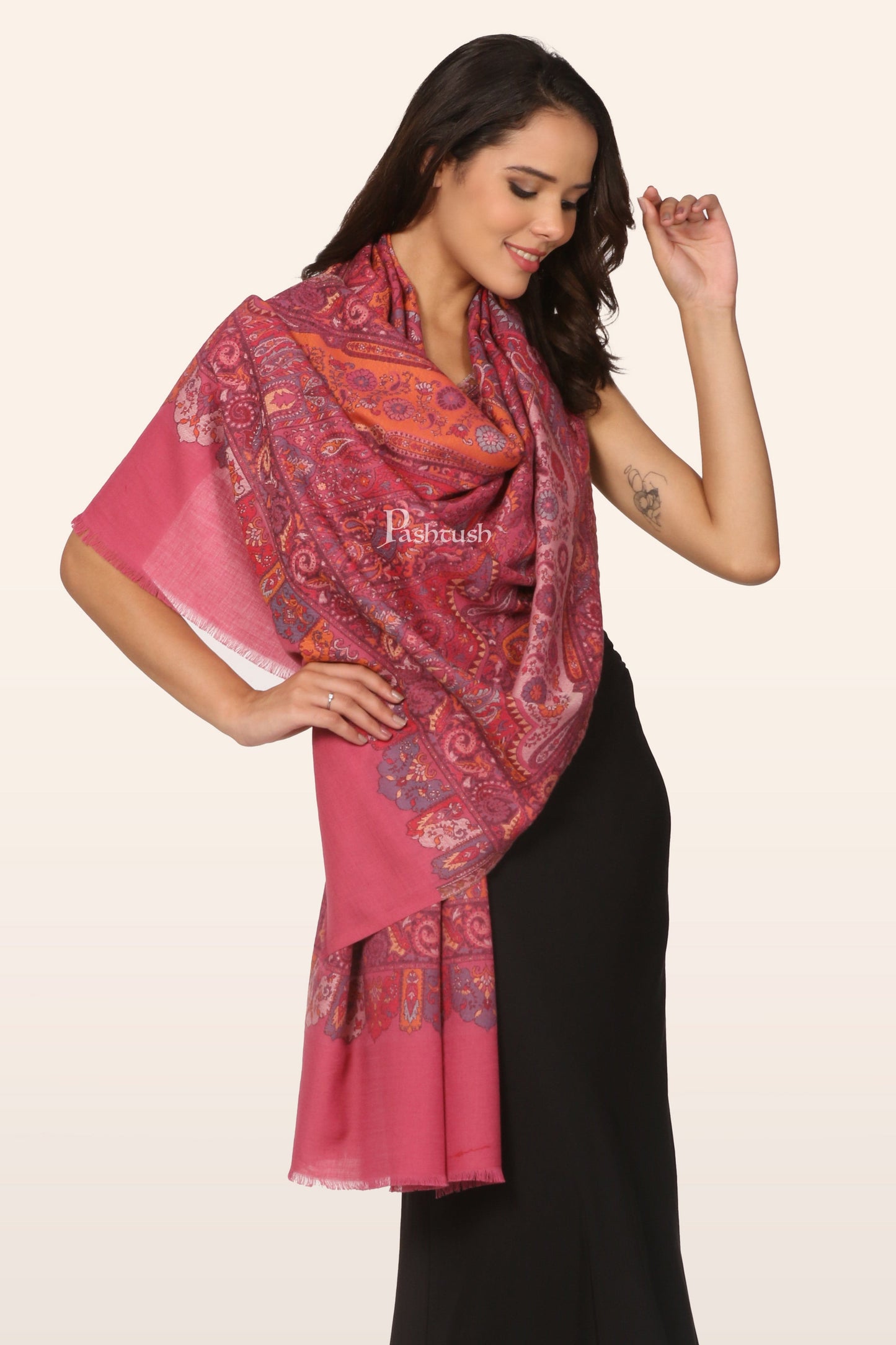 Pashtush India womens scarf and Stoles Pashtush Womens Faux Pashmina Stole, Ethnic Weave Design, Bright Pink