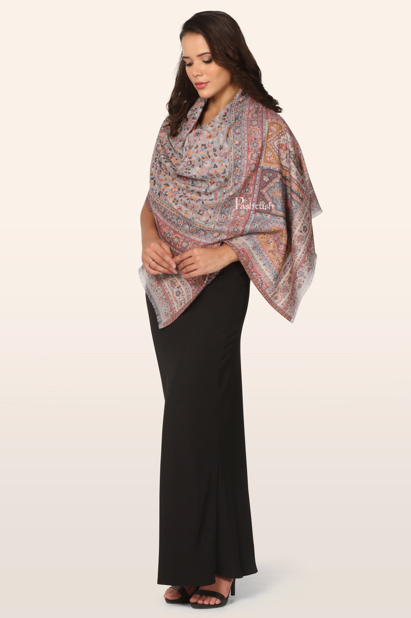Pashtush India womens scarf and Stoles Pashtush Womens faux pashmina Stole, Ethnic Weave Design, Slate