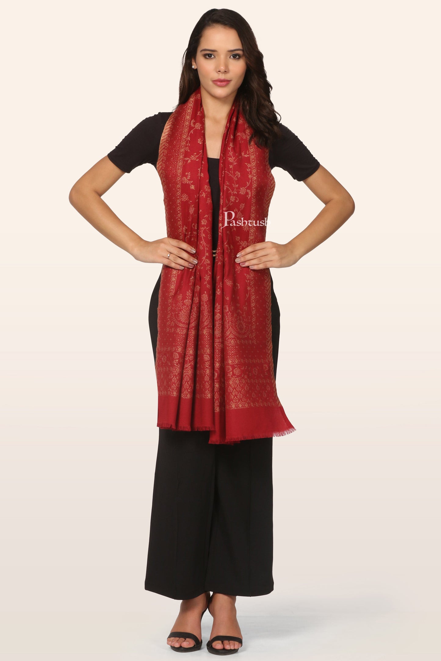 Pashtush India womens scarf and Stoles Pashtush Womens Faux Pashmina Stole, With Zari Design, Maroon