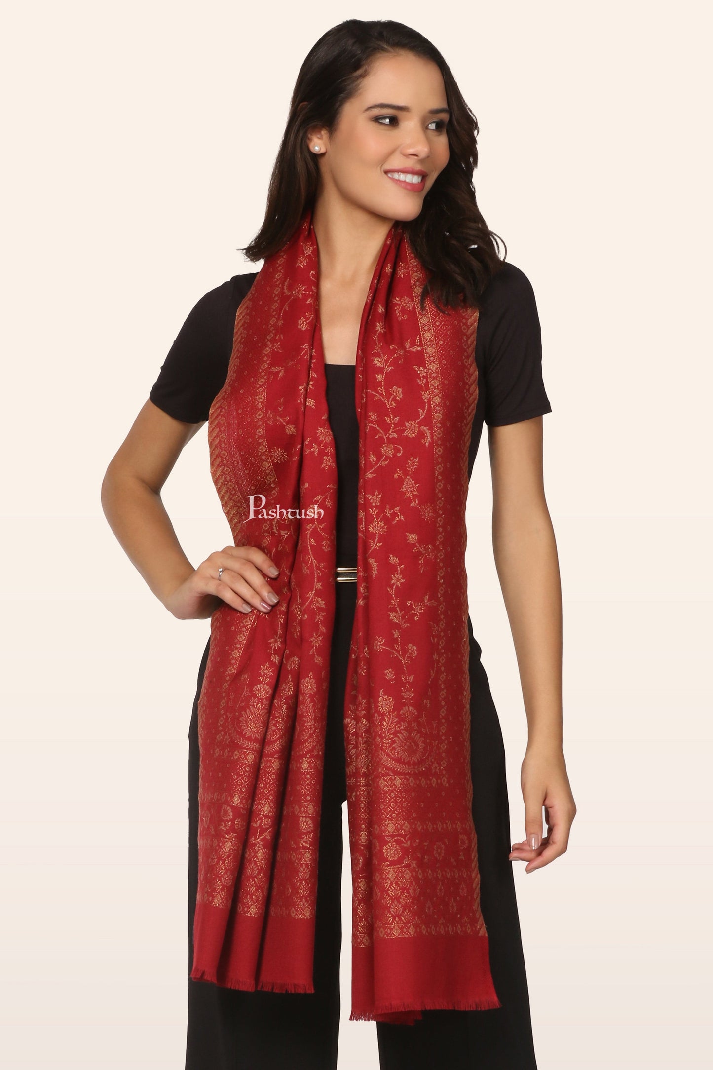 Pashtush India womens scarf and Stoles Pashtush Womens Faux Pashmina Stole, With Zari Design, Maroon