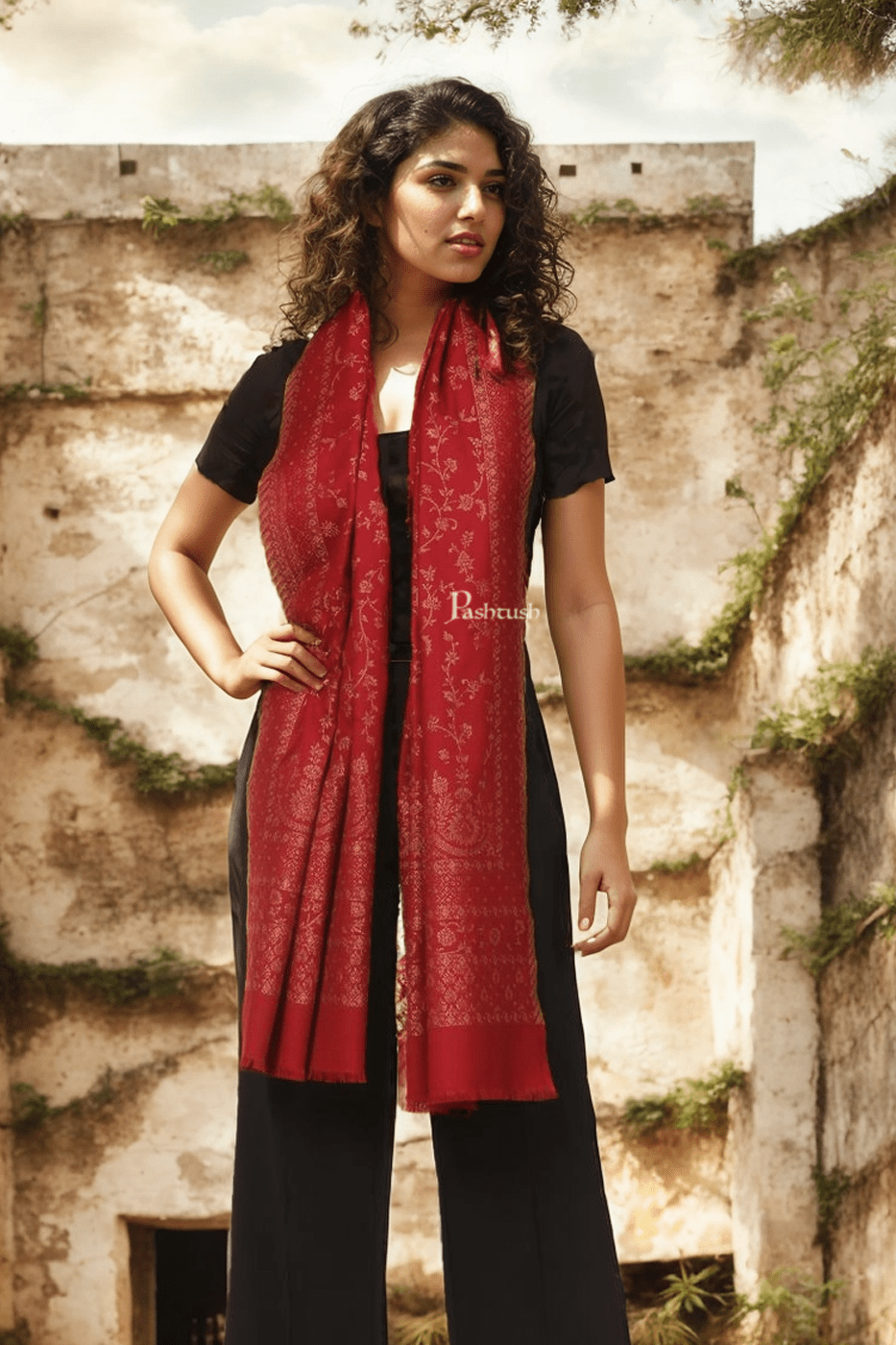Pashtush India womens scarf and Stoles Pashtush Womens Faux Pashmina Stole, With Zari Design, Maroon