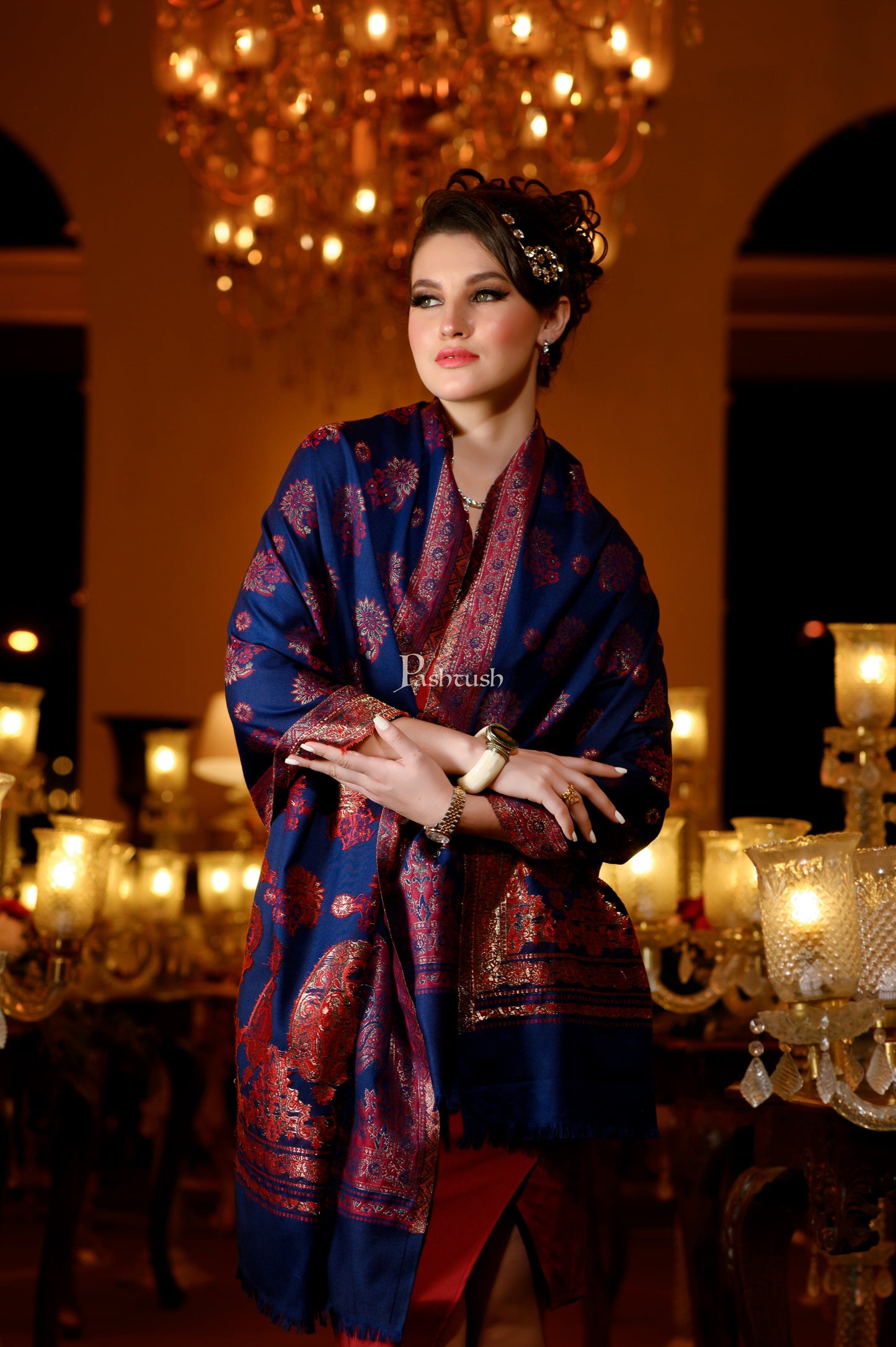 Pashtush India Womens Stoles and Scarves Scarf Pashtush Womens Faux Pashmina Stole, Zari Paisley Weave Design, Blue