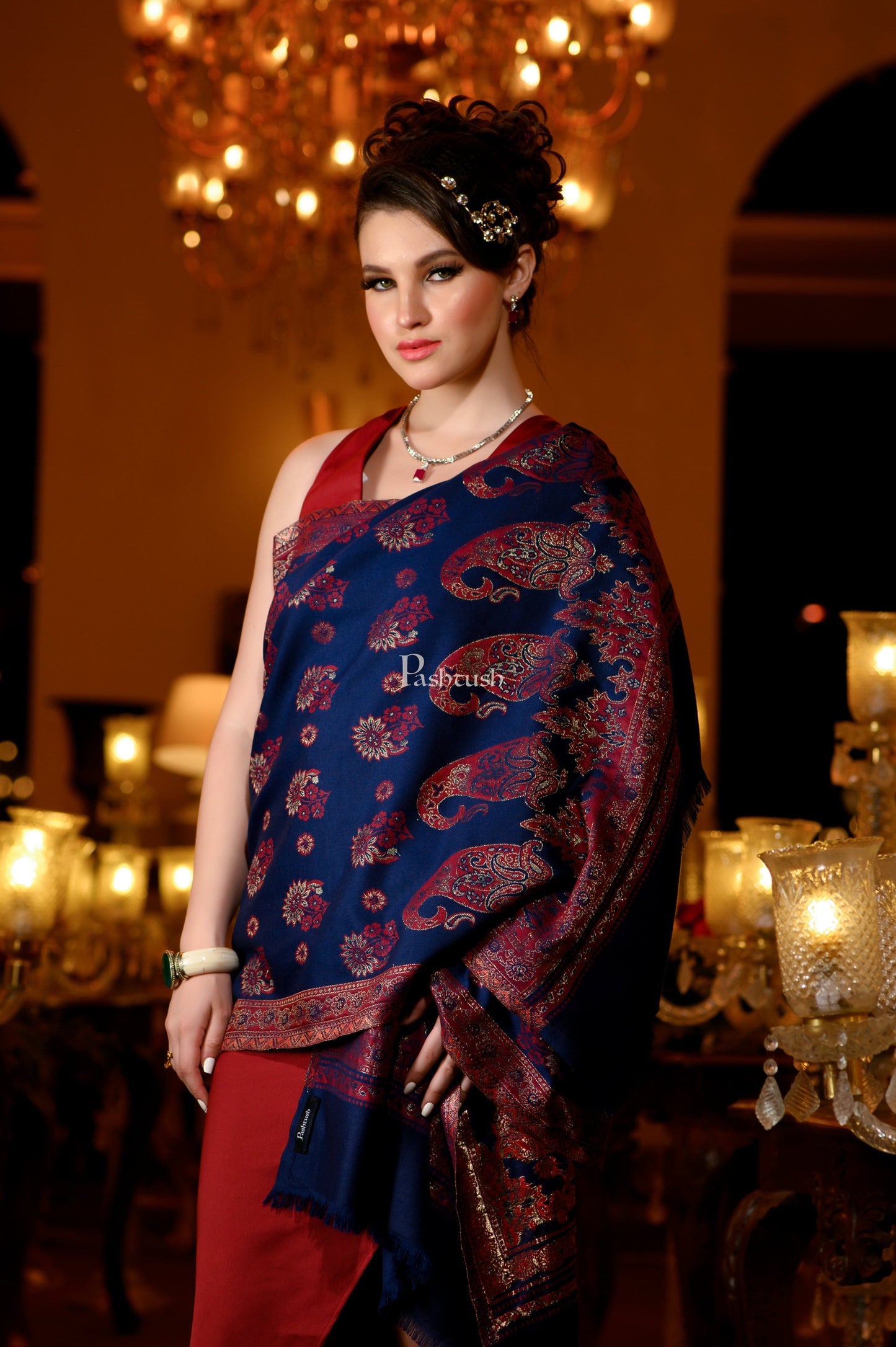 Pashtush India Womens Stoles and Scarves Scarf Pashtush Womens Faux Pashmina Stole, Zari Paisley Weave Design, Blue