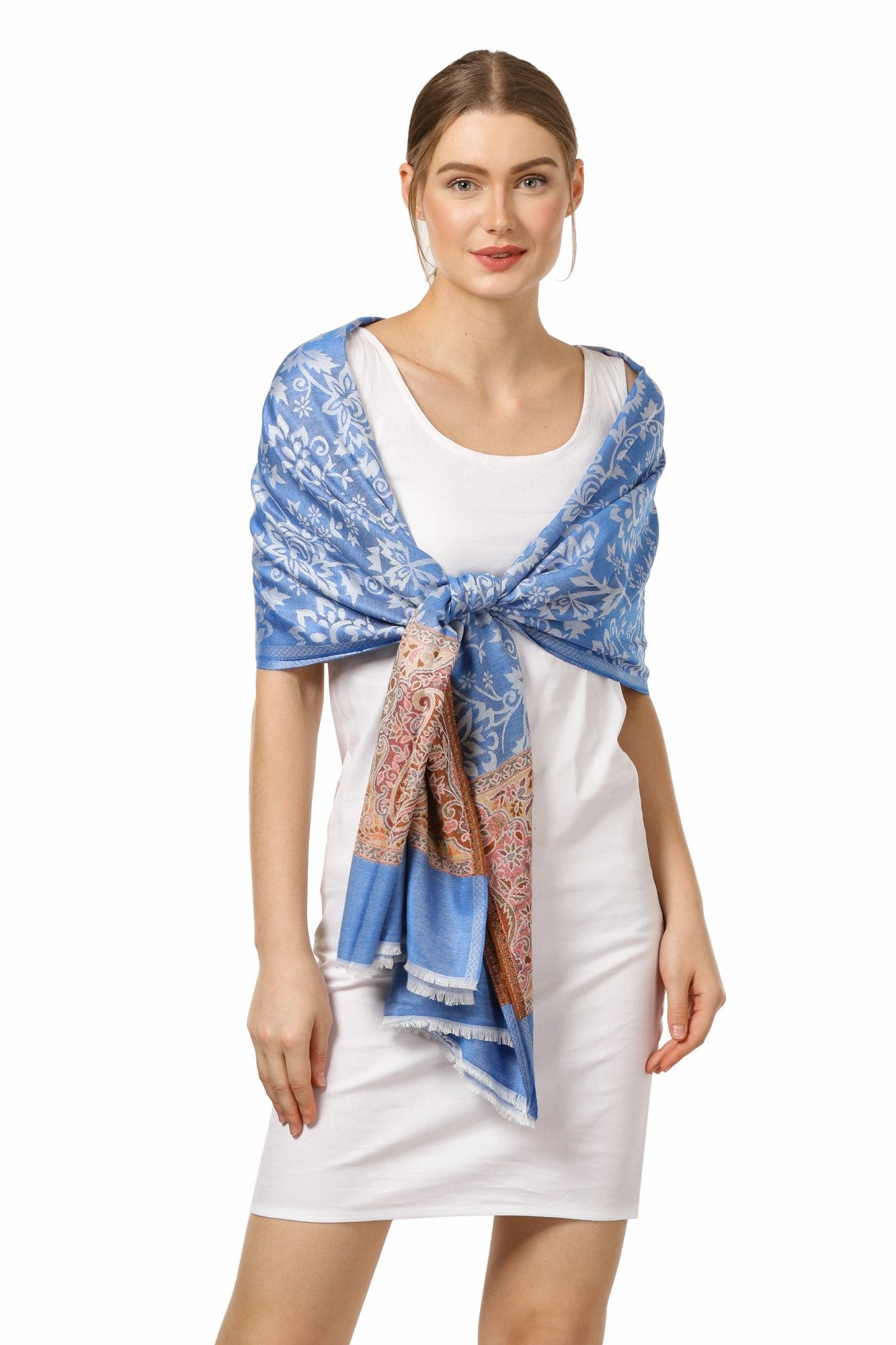 Pashtush Womens Fine Bamboo Jacquard Scarf, Reversible, Blue - Azure