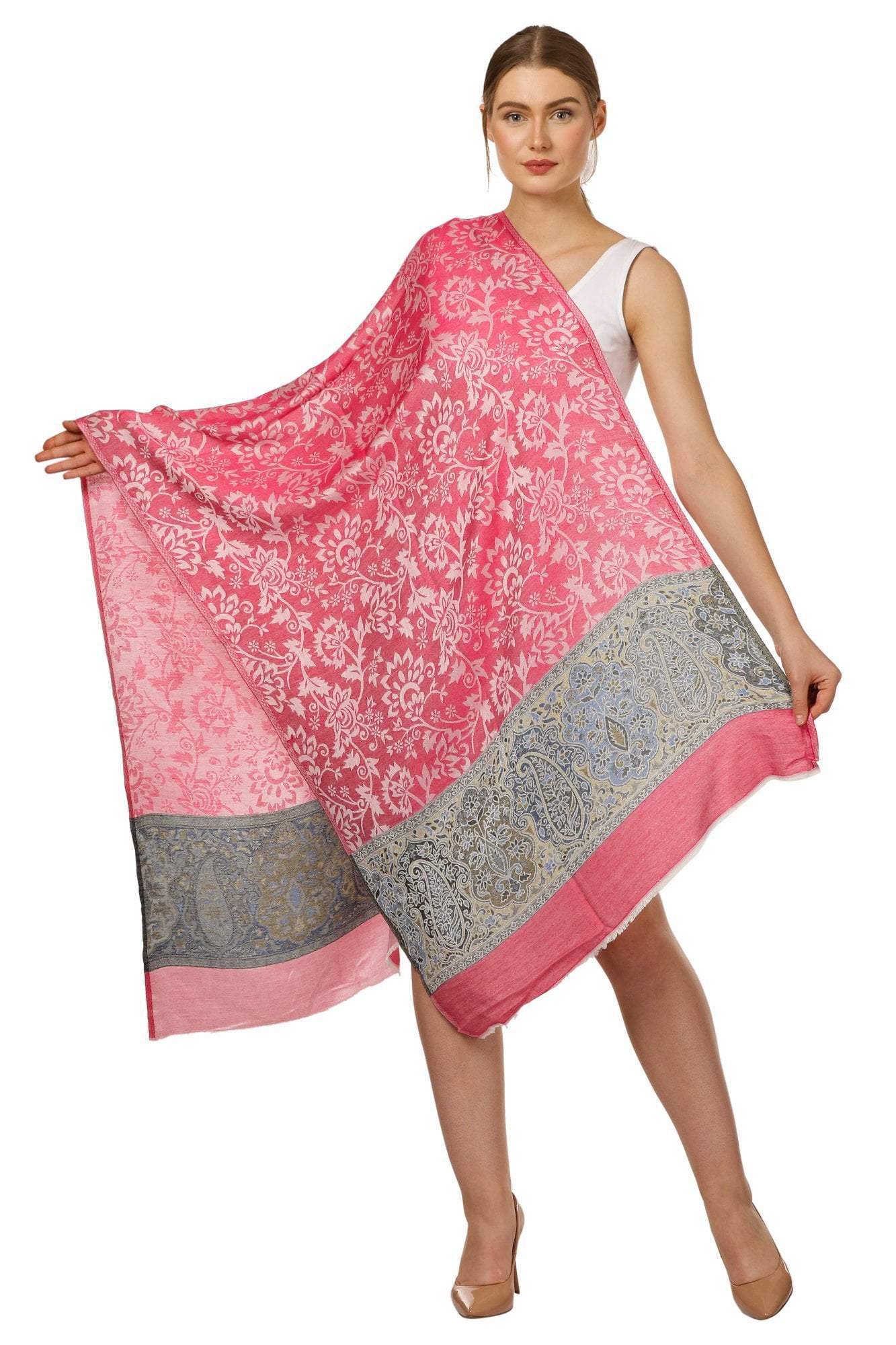 Pashtush India 70x200 Pashtush Womens Fine Bamboo Jacquard Scarf, Reversible, Multicoloured - Flamingo Pink