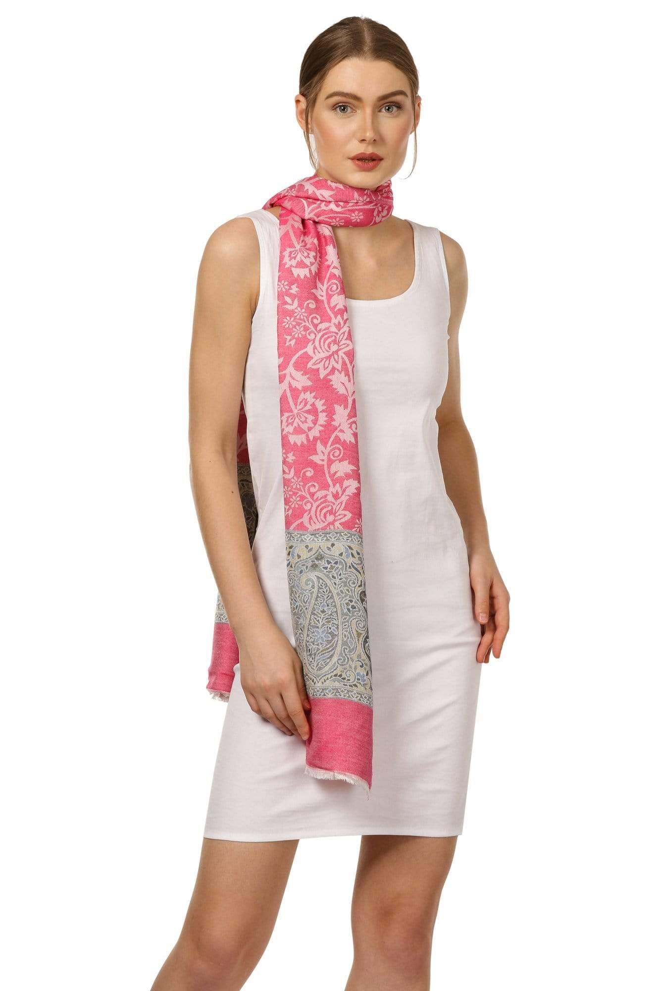 Pashtush India 70x200 Pashtush Womens Fine Bamboo Jacquard Scarf, Reversible, Multicoloured - Flamingo Pink