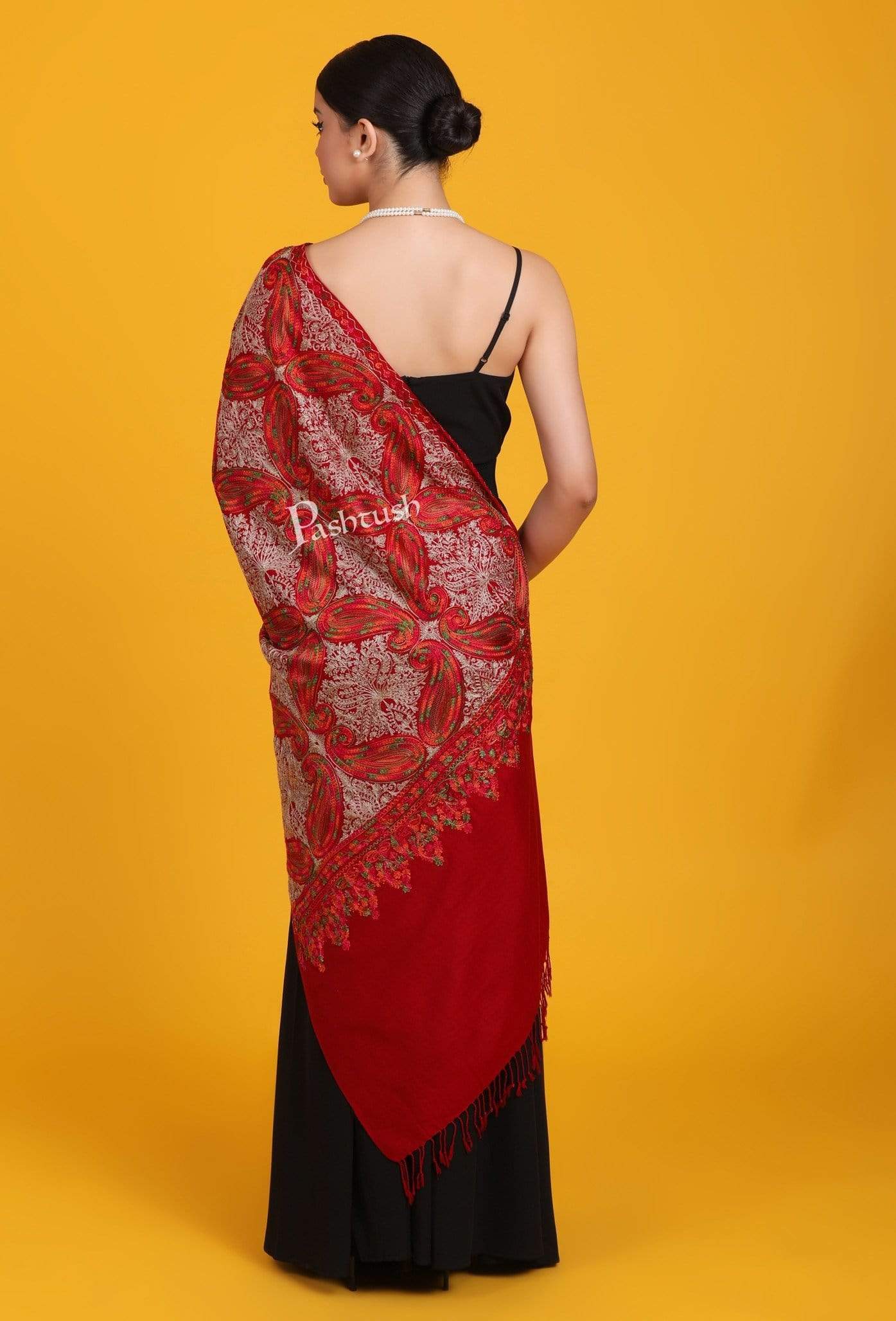 Pashtush India 70x200 Pashtush Womens Fine Count, Silky Thread Nalki Embroidery Stole, Crimson