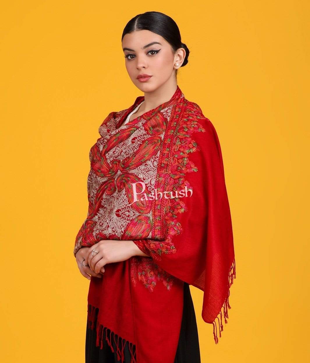 Pashtush India 70x200 Pashtush Womens Fine Count, Silky Thread Nalki Embroidery Stole, Crimson