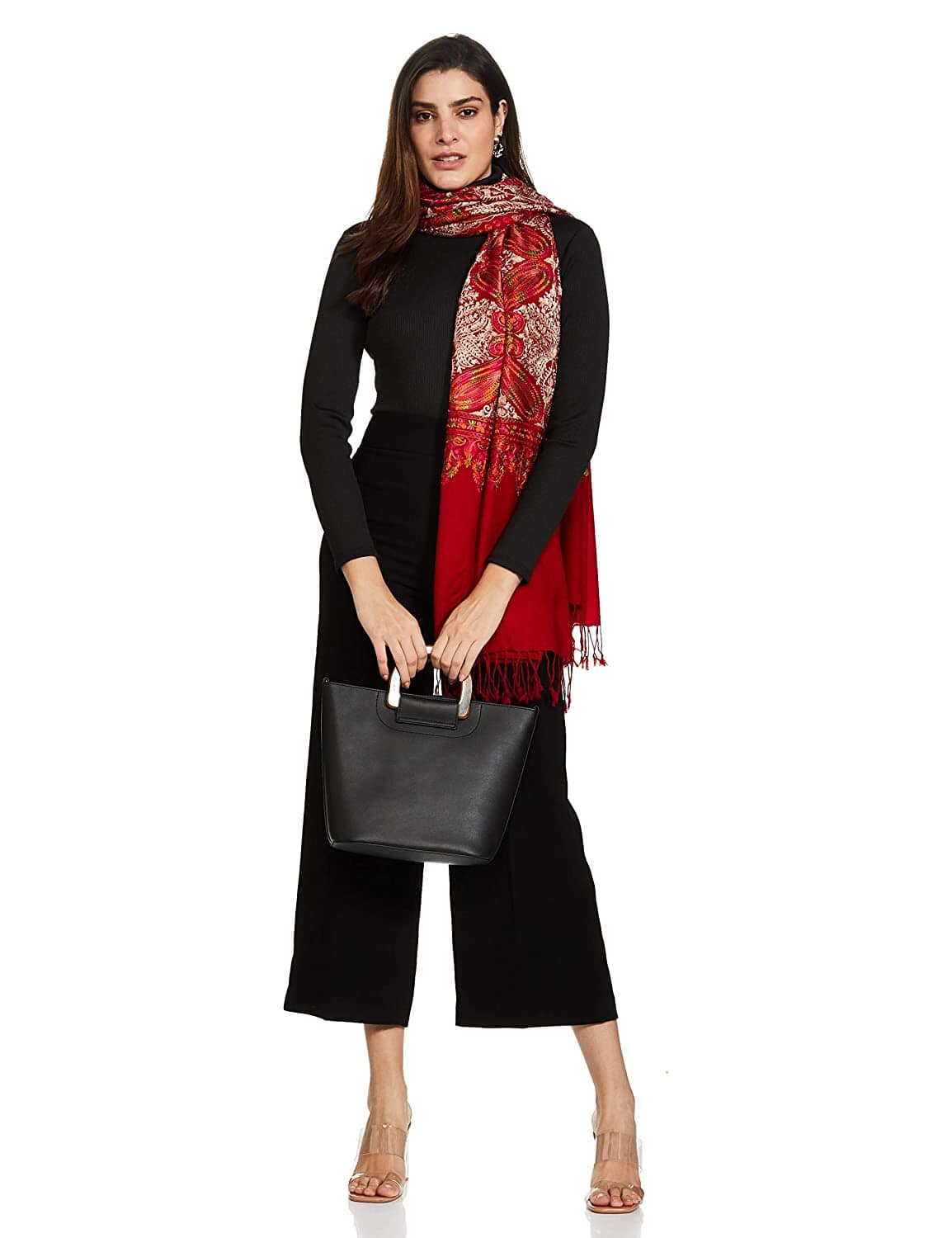 Pashtush India 70x200 Pashtush Womens Fine Count, Silky Thread Nalki Embroidery Stole, Crimson